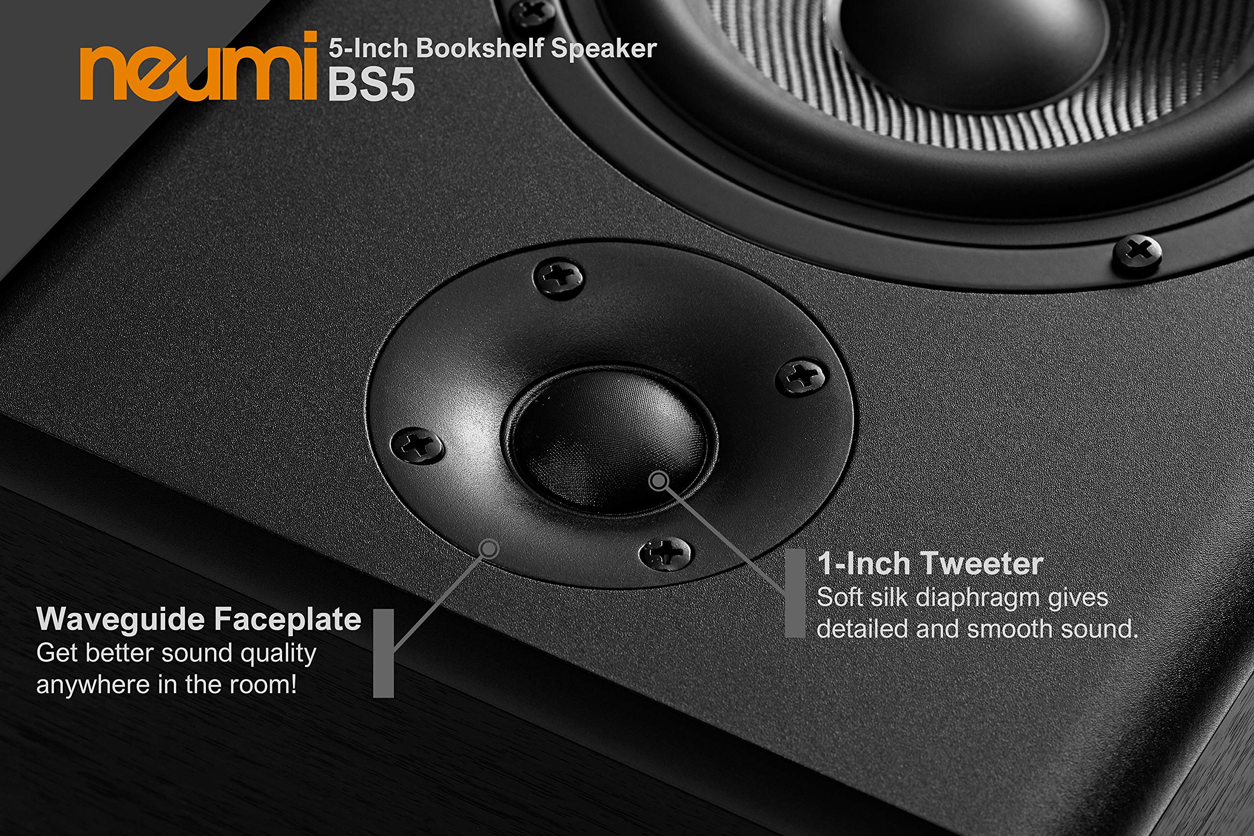 Neumi Bs5 Passive Bookshelf Speakers, 5 Inch Woofer, 1 Inch Tweeter, Dark Wood, 1 Pair