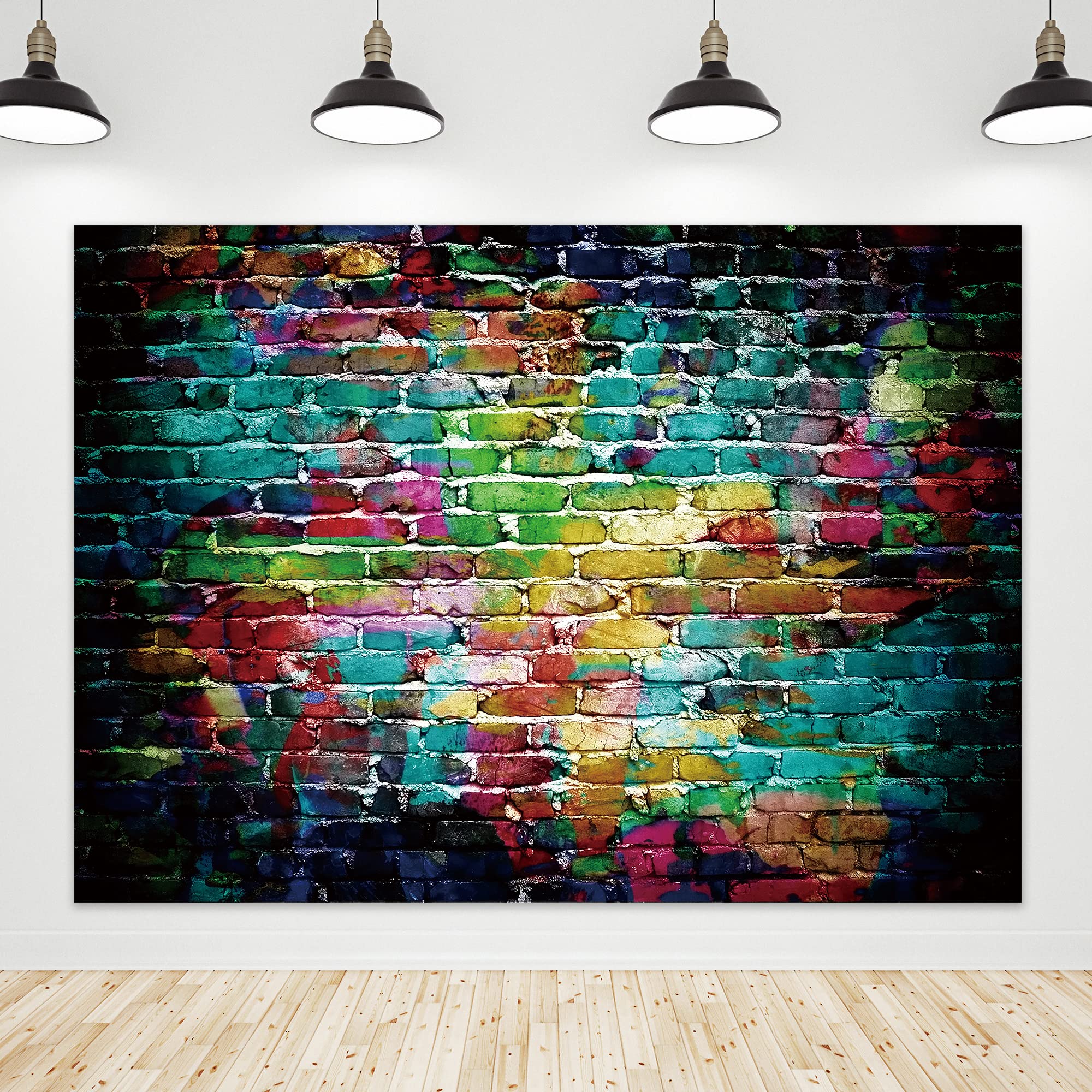 Riyidecor Colorful Brick Wall Backdrop 7Wx5H Feet Graffiti 80'S 90'S Hip Hop Disco Fabric Polyester Graduation Themed Party Phot