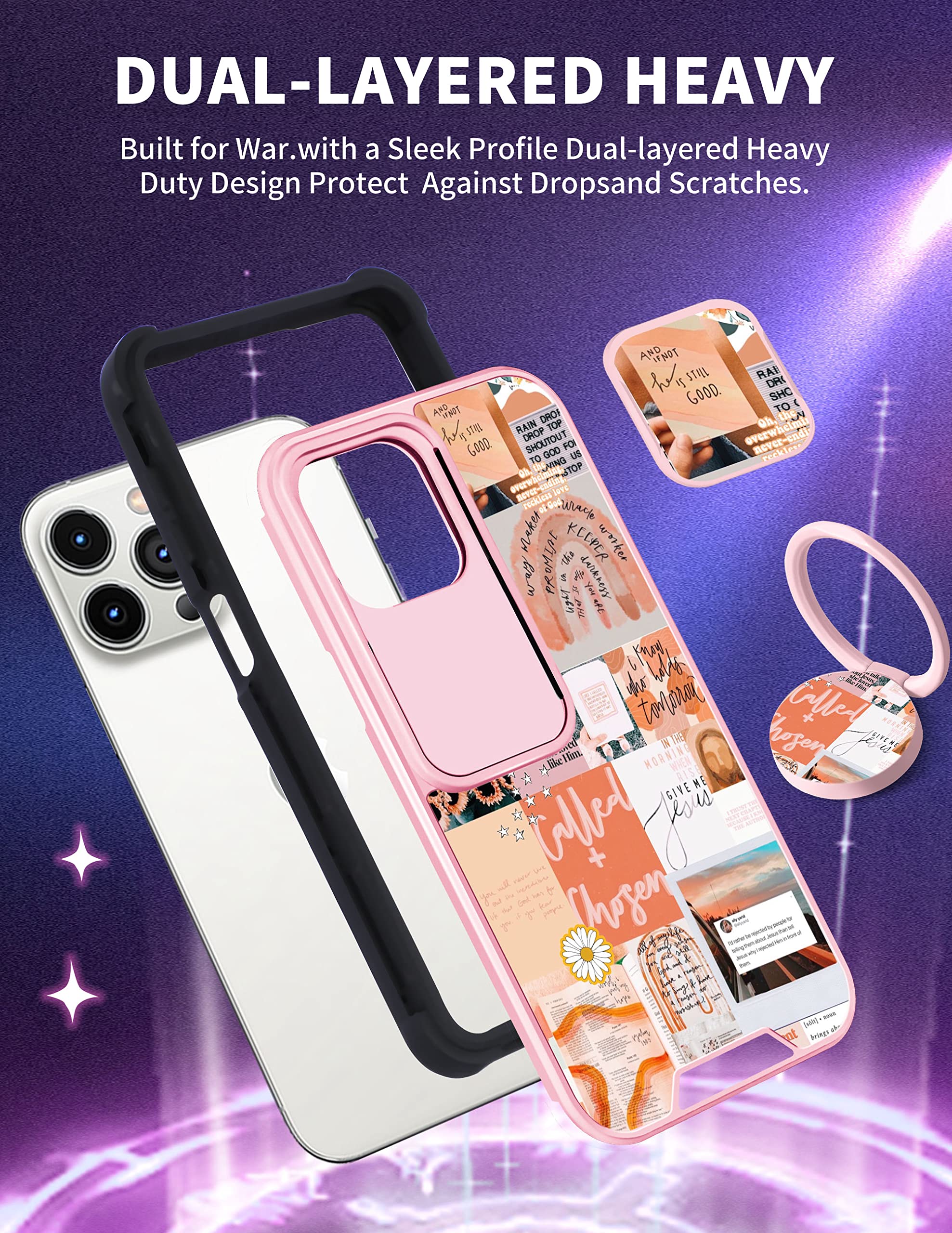 Goocrux (2In1 For Iphone 13 Pro Max Case Women Girls Cute Aesthetic Trendy Phone Cover Collage Good Vibes Pattern Design With Sl