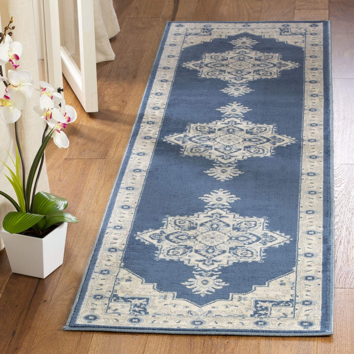 Safavieh Brentwood Collection 2 X 16 Navy  Cream Bnt865N Medallion Distressed Non Shedding Living Room Bedroom Runner Rug