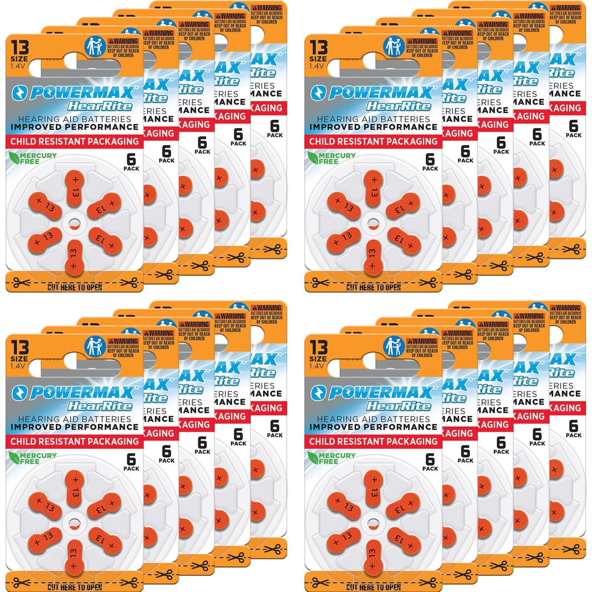 Powermax Size 13 Hearing Aid Batteries, 120 Count Long Lasting Battery Pack, Orange Long Tab For Easy Change