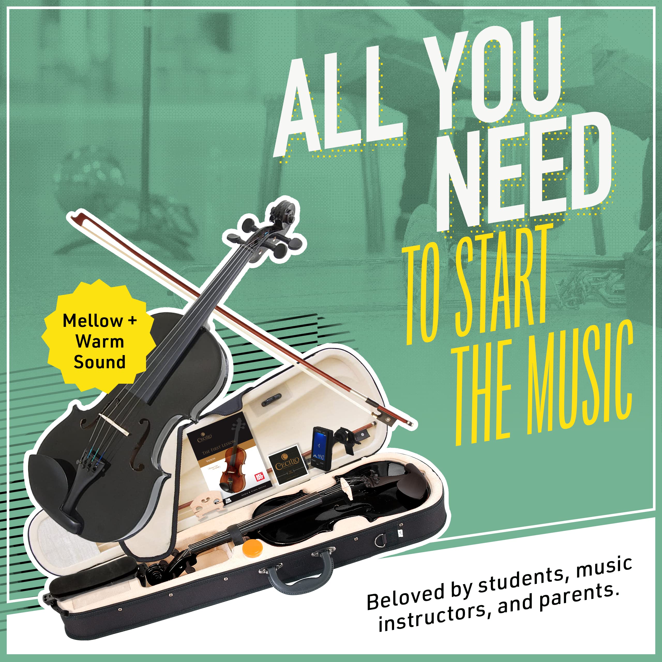 Mendini By Cecilio Violin For Kids & Adults   4/4 Mv Metallic Black Violins, Student Or Beginners Kit W/Case, Bow, Extra Strings