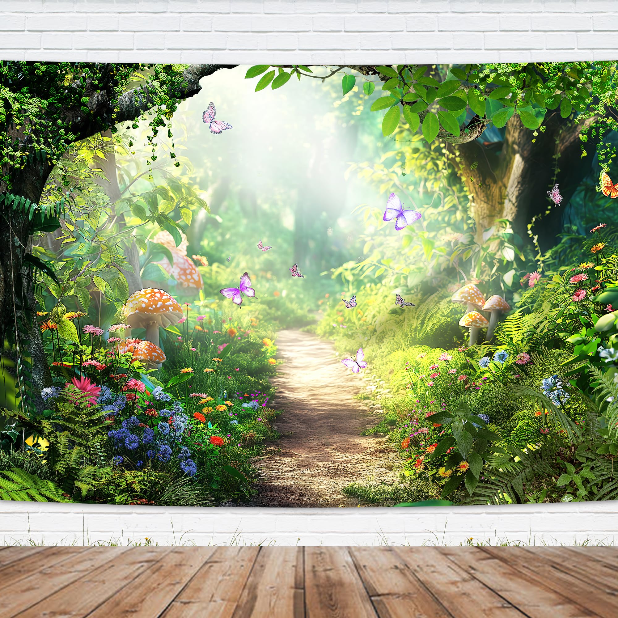 Imirell Fairy Backdrop 7Wx5H Feet Enchanted Woodland Tale Green Spring Butterfly Flower Mushroom Tree Plant Leaves Polyester Fab