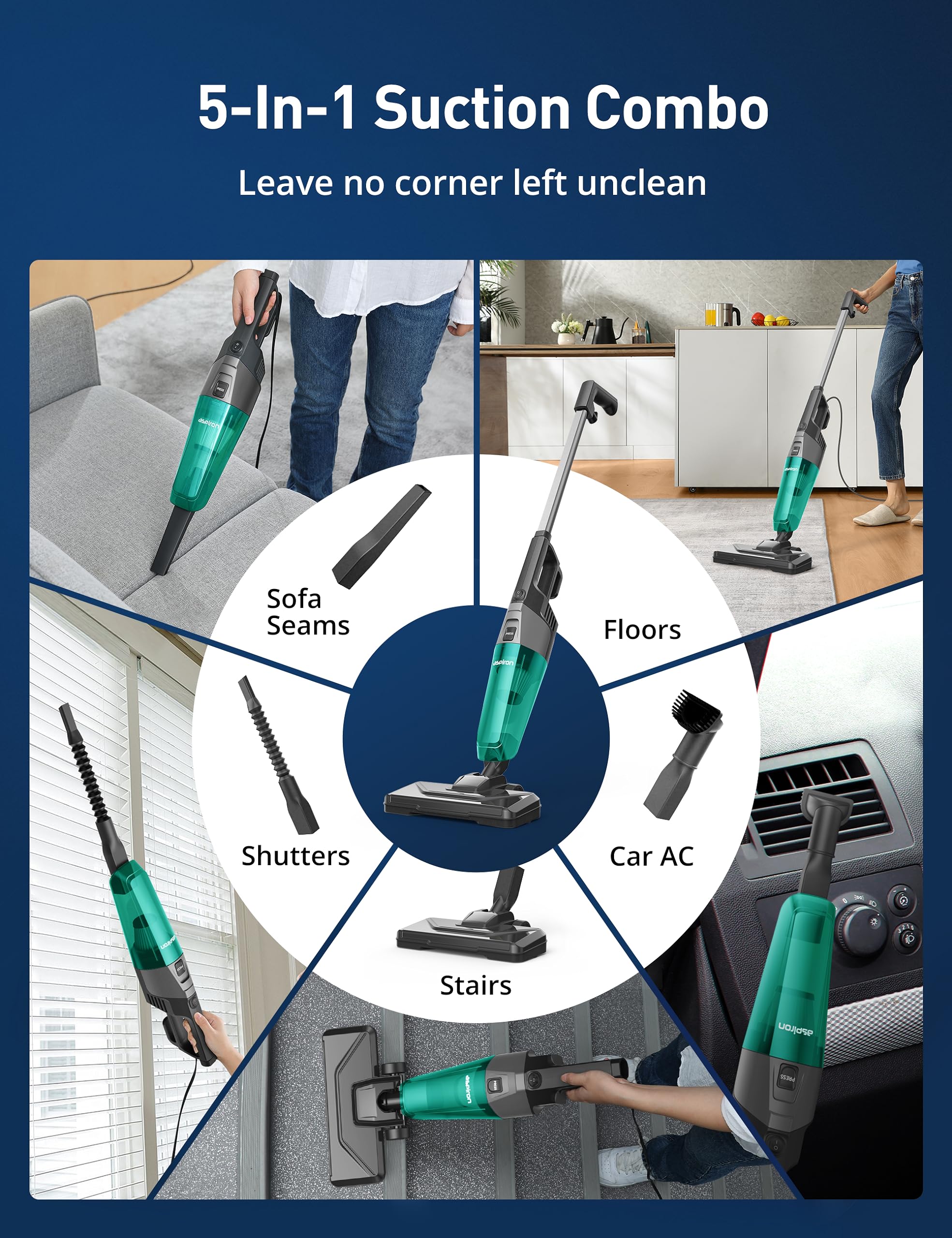 Aspiron Small Vacuum Cleaner, Stick Vacuum Cleaner With 20Kpa Powerful Suction & 0.88Qt Dust Cup And 32Ft Power Cord, 5 In 1 Han