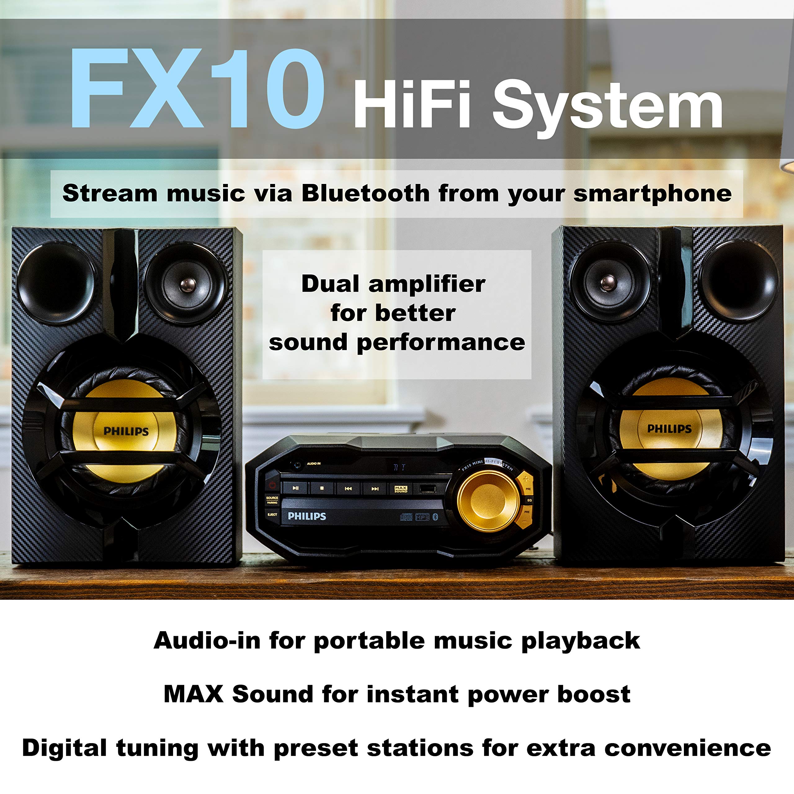 Philips Fx10 Bluetooth Stereo System For Home With Cd Player , Mp3, Usb, Fm Radio, Bass Reflex Speaker, 230 W, Remote Control In