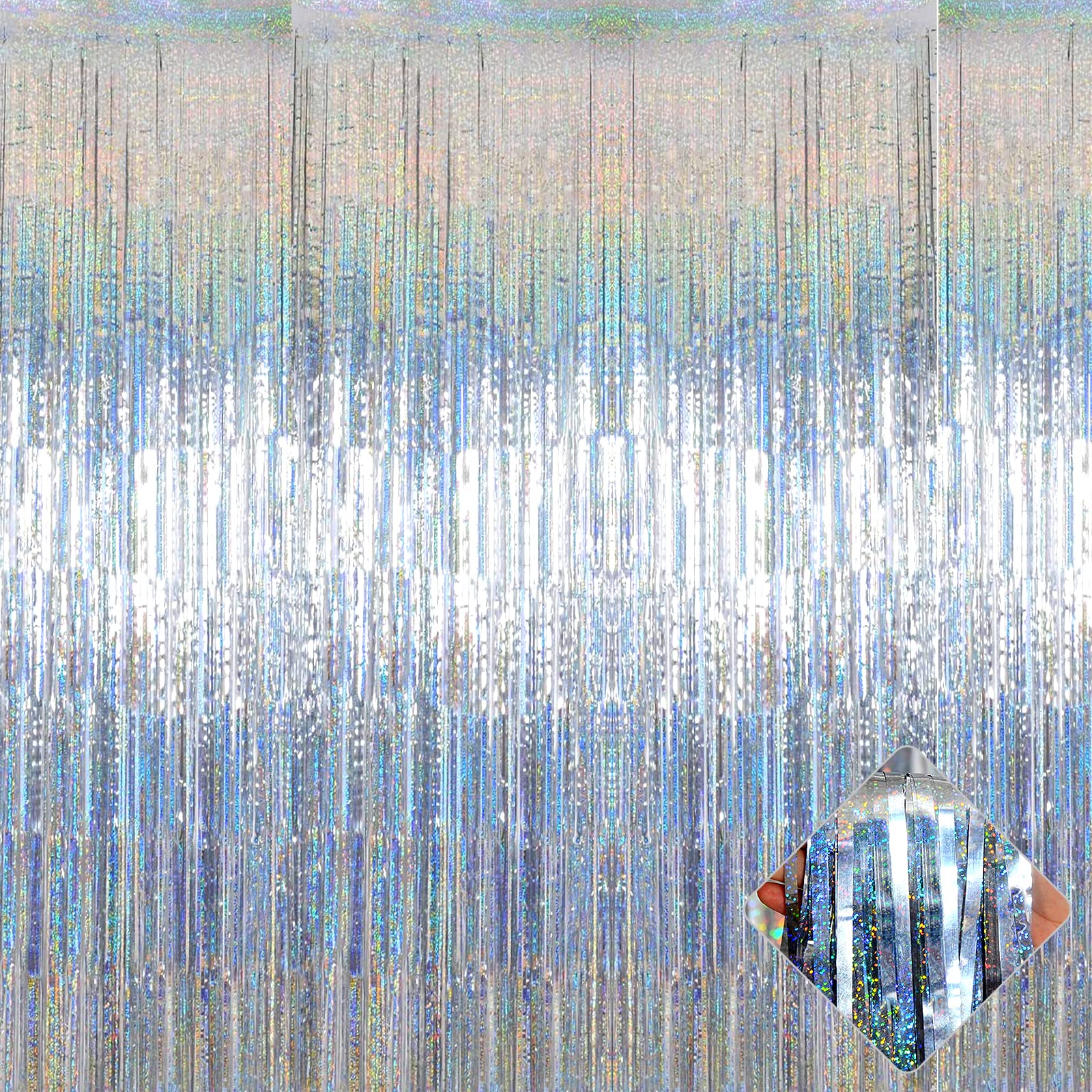 4 Pack 3.2Ft X 8.2Ft Silver Foil Fringe Curtain Backdrop, Metallic Tinsel Foil Fringe Streamers Curtains Background For Photo Bo