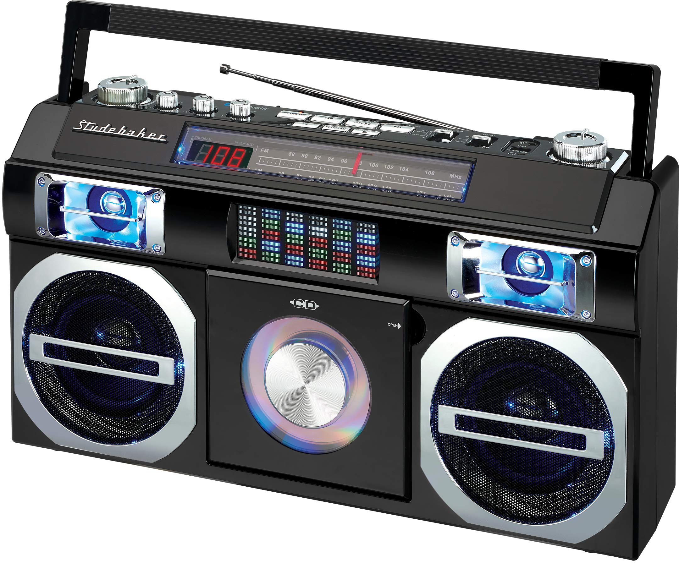 Studebaker Sb2149B Master Blaster Bluetooth Boombox With 3 Way Power, Am/Fm Radio, Usb Port, Cd Player With Mp3 Playback, Led Eq