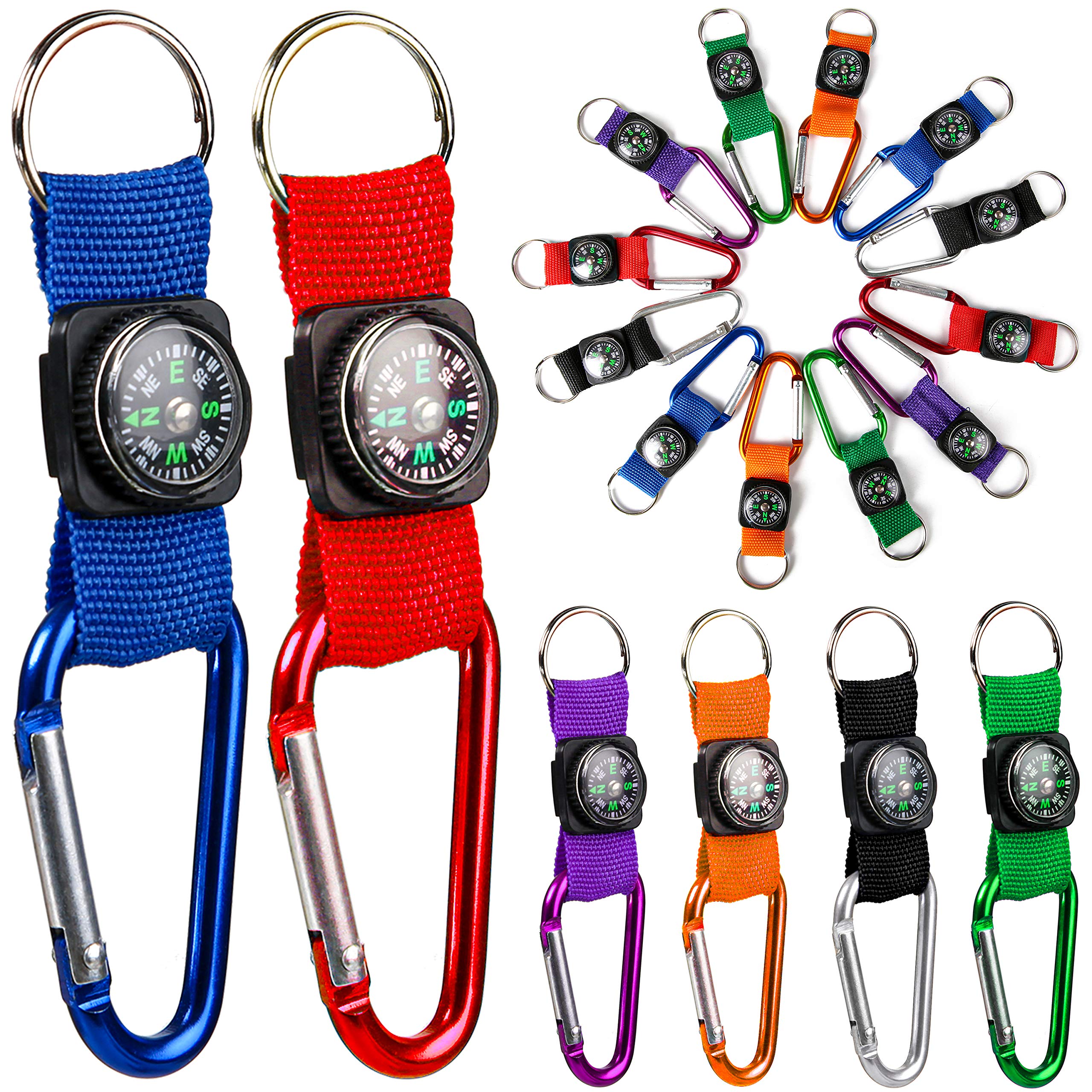 Proloso Colorful Carabiner Compass Keychain Belt Clips Kids Toys Prizes Outdoors Adventure Party Favors 20 Pcs