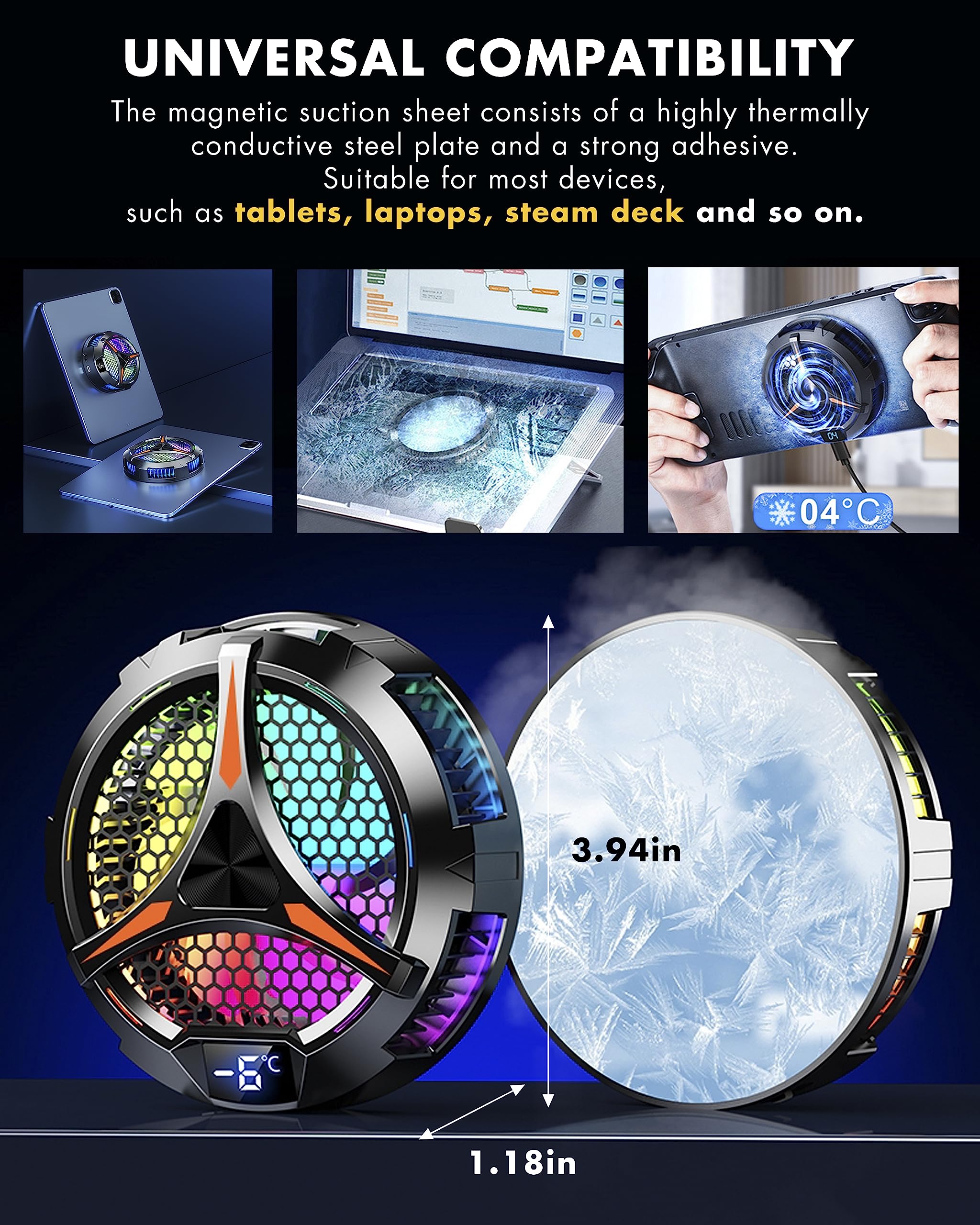 Acedays Ipad Cooler,Magnetic Tablet Cooler For Ipad/Surface Pro/Samsung Tab,Universal Radiator With Temperature Display For Mobi