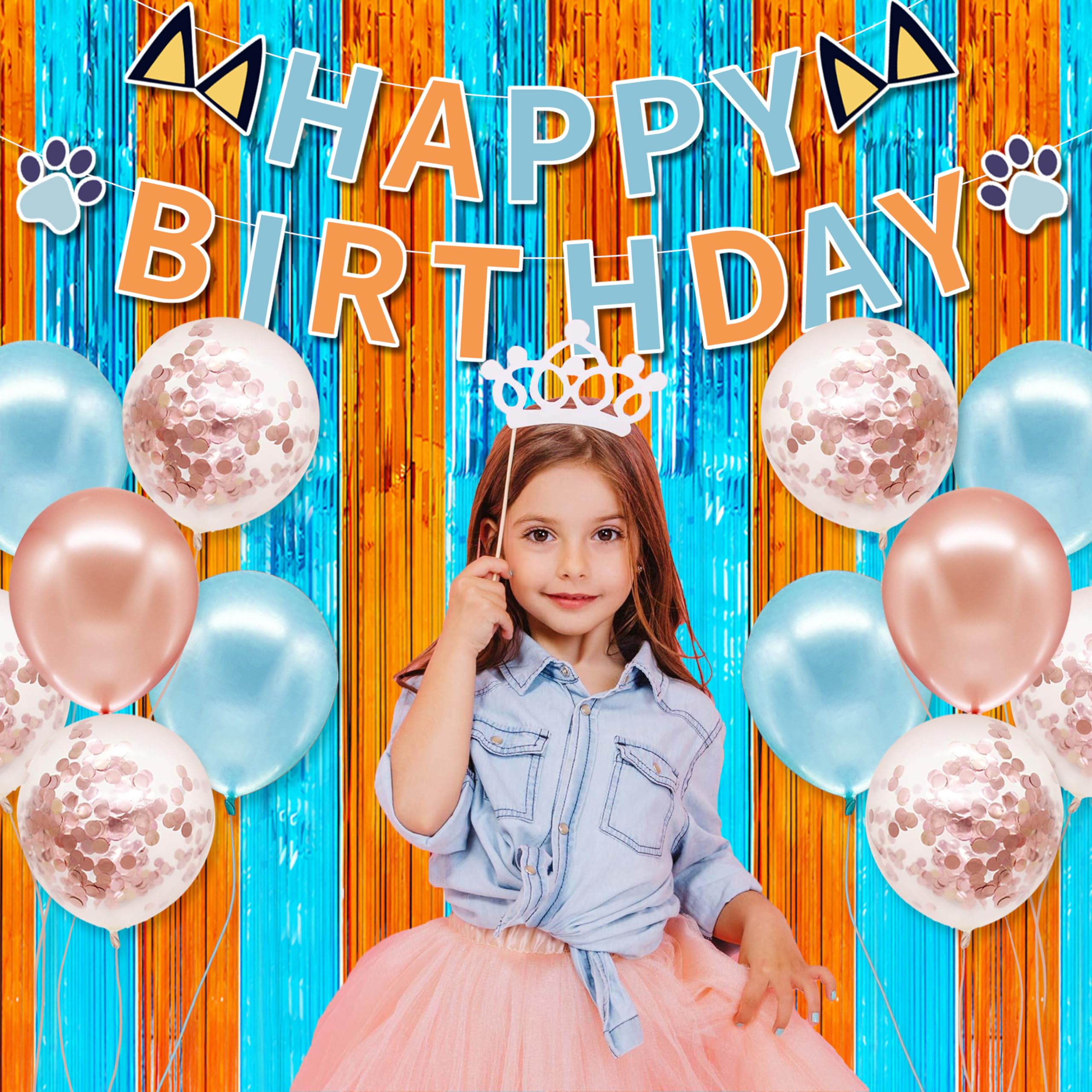 2 Pack 3.3X6.6Ft Blue Dog Foil Fringe Curtains And Banner, Orange And Blue Tinsel Photo Booth Prop, Streamer Backdrop Blue Dog B