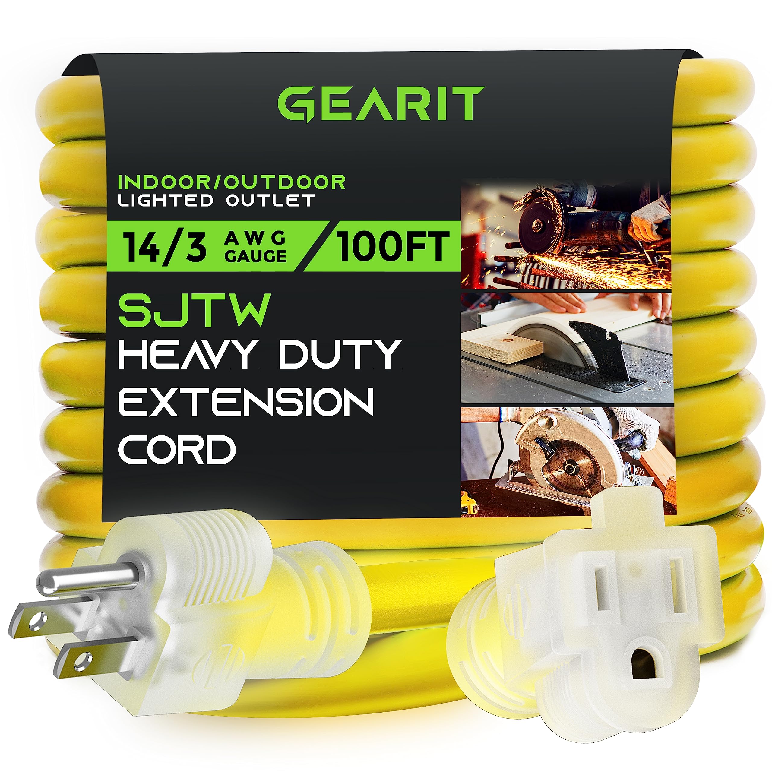 Gearit 14/3 Outdoor Extension Cord (100 Feet) 14 Awg Gauge   3 Prong Plug   Sjtw Heavy Duty For Indoor/Outdoor   All Purpose Wea