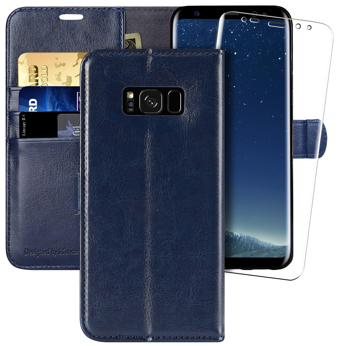 Monasay Galaxy S8 Wallet Case, 5.8-Inch, [Screen Protector Included][Rfid Blocking] Flip Folio Leather Cell Phone Cover With Cre