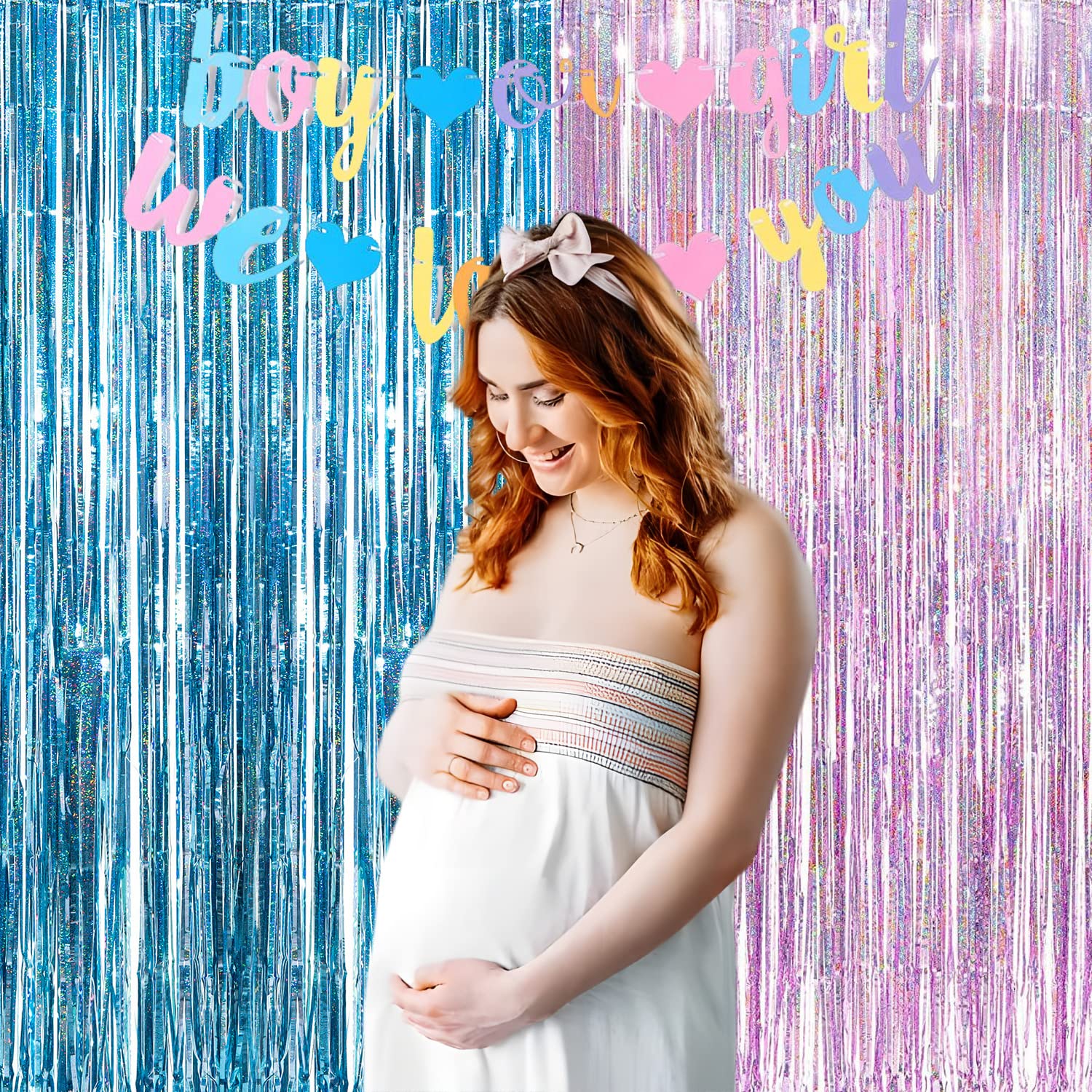 Braveshine Pink Blue Tinsel Foil Fringe Curtains   2Pcs 3.2X8.2Ft Holidays Photo Streamers Backdrop For Girl Or Boy Birthdays Br