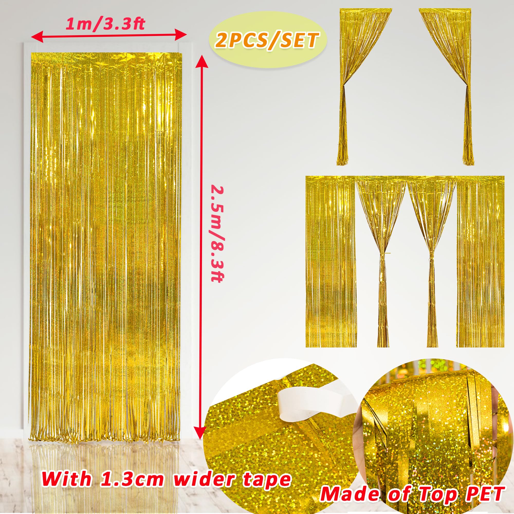 Malanku 2 Pack Gold Fringe Curtain Backdrop Party Decorations   3.3 X 8.2Ft Gold Foil Curtain Tinsel Backdrop Photo Backdrops Fo