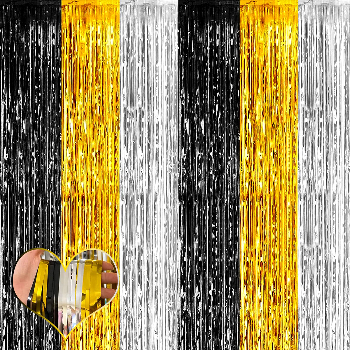 4 Pack 3.2Ft X 8.2Ft Black Gold Silver Fringe Curtain Backdrop, Metallic Tinsel Foil Fringe Streamers Curtains Background For We