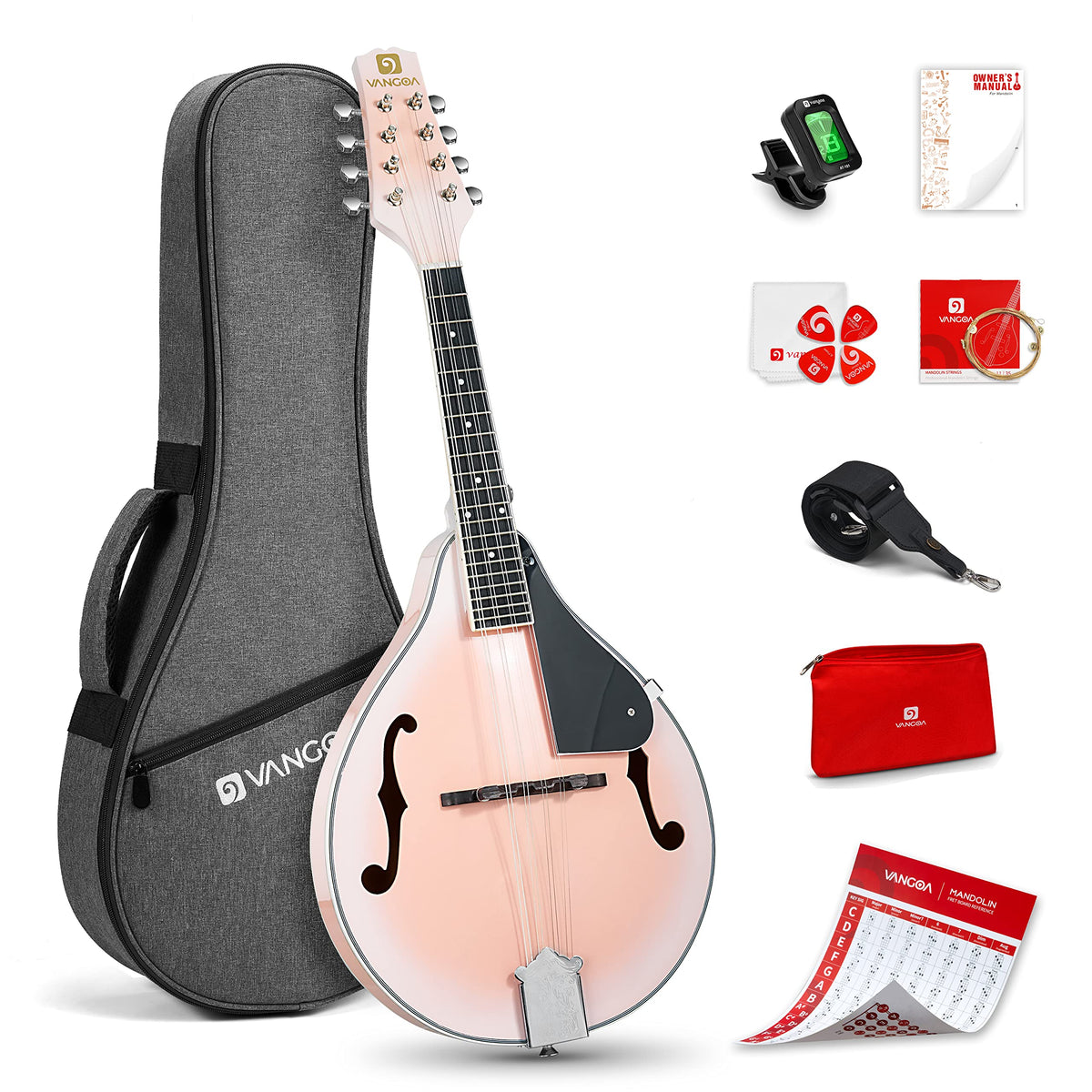 Vangoa A Style Mandolin Musical Instrument Sunburst, 8 String Acoustic Mandolin With Tuner, Strings, Bag, Picks