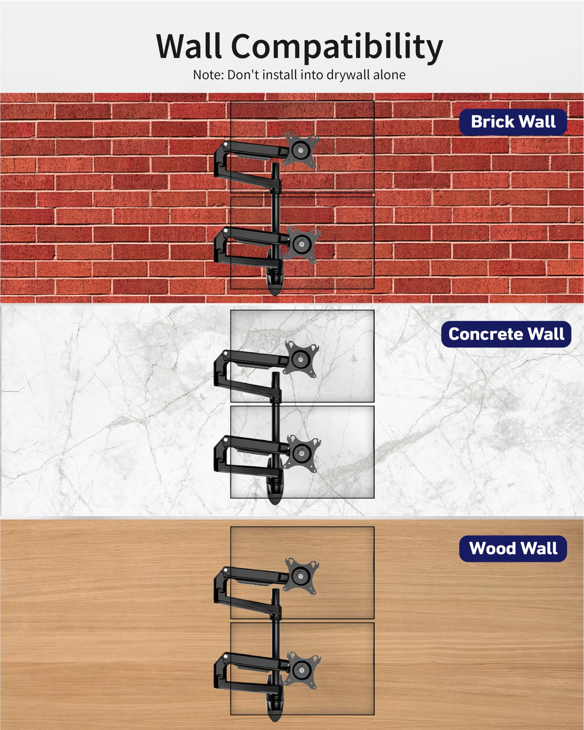 Ergounion Dual Monitor Wall Mount For Flat/Curved Monitor Up To 38'' Within 25Lbs, Full Motion Adjustable Computer Monitor Wall
