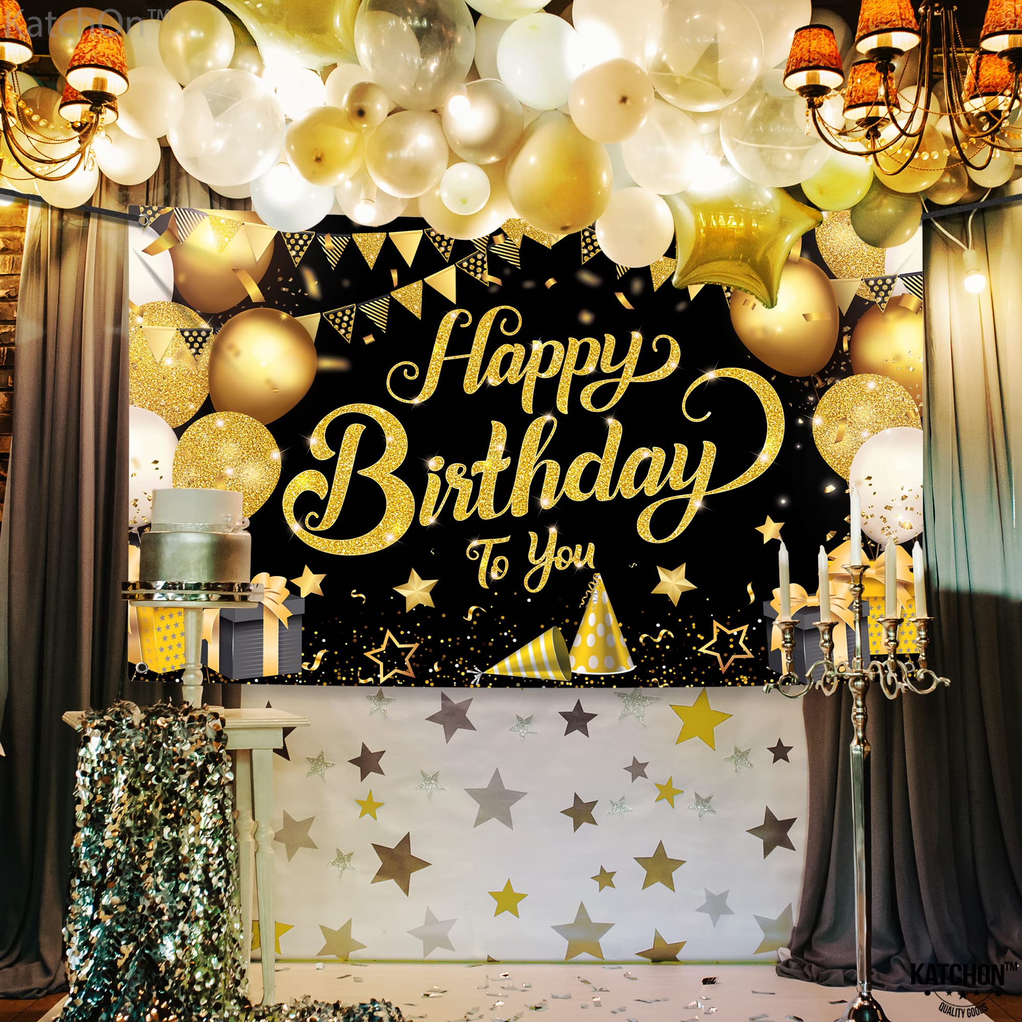 Katchon, Black And Gold Happy Birthday Banner   Xtralarge, 72X44 Inch | Black And Gold Happy Birthday Backdrop, Happy Birthday D