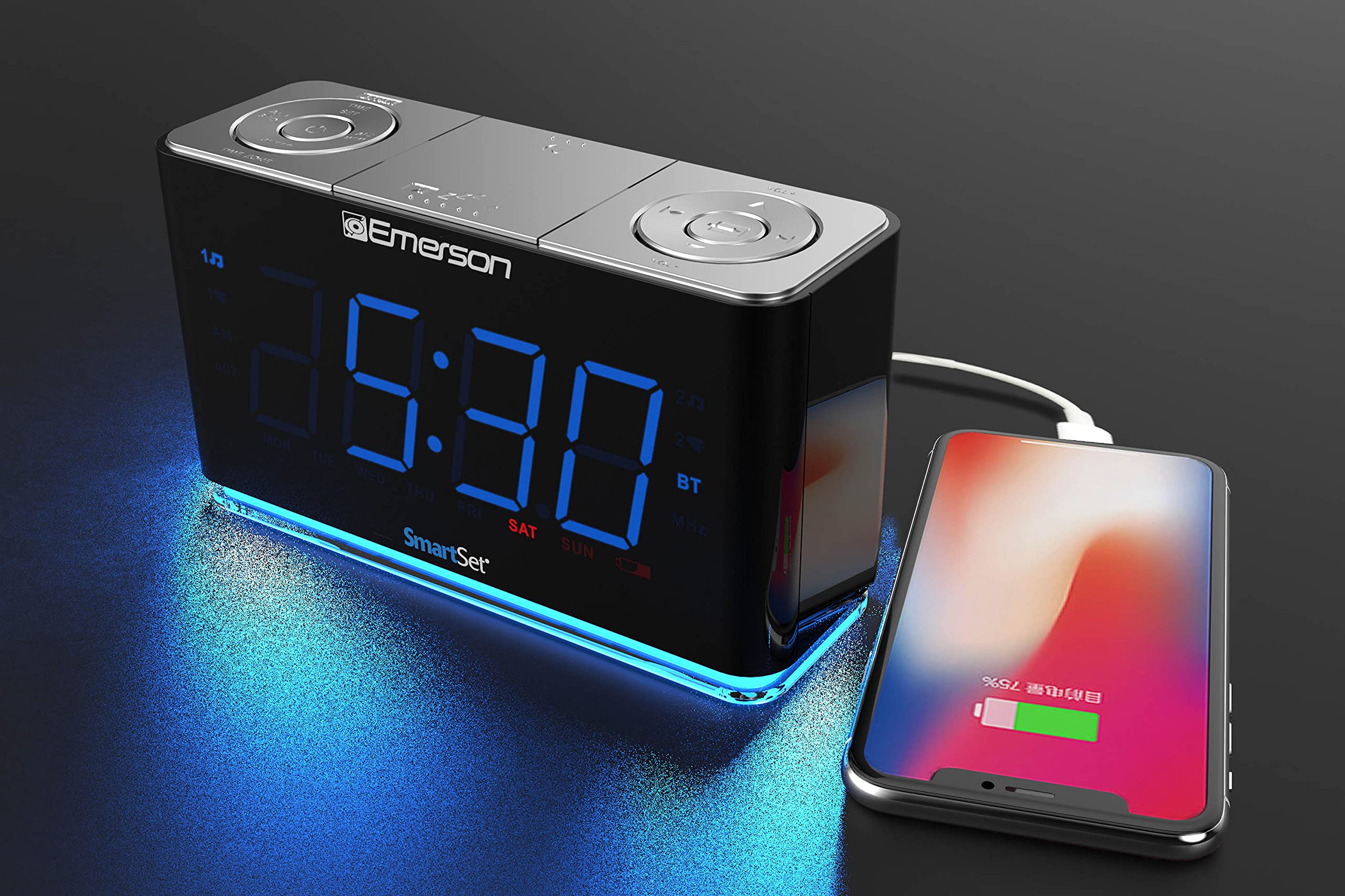 Emerson Radio Smartset Pll Radio Alarm Clock With 1.4    Blue Led, Bluetooth Speaker And Night Light, Cks1507, Black