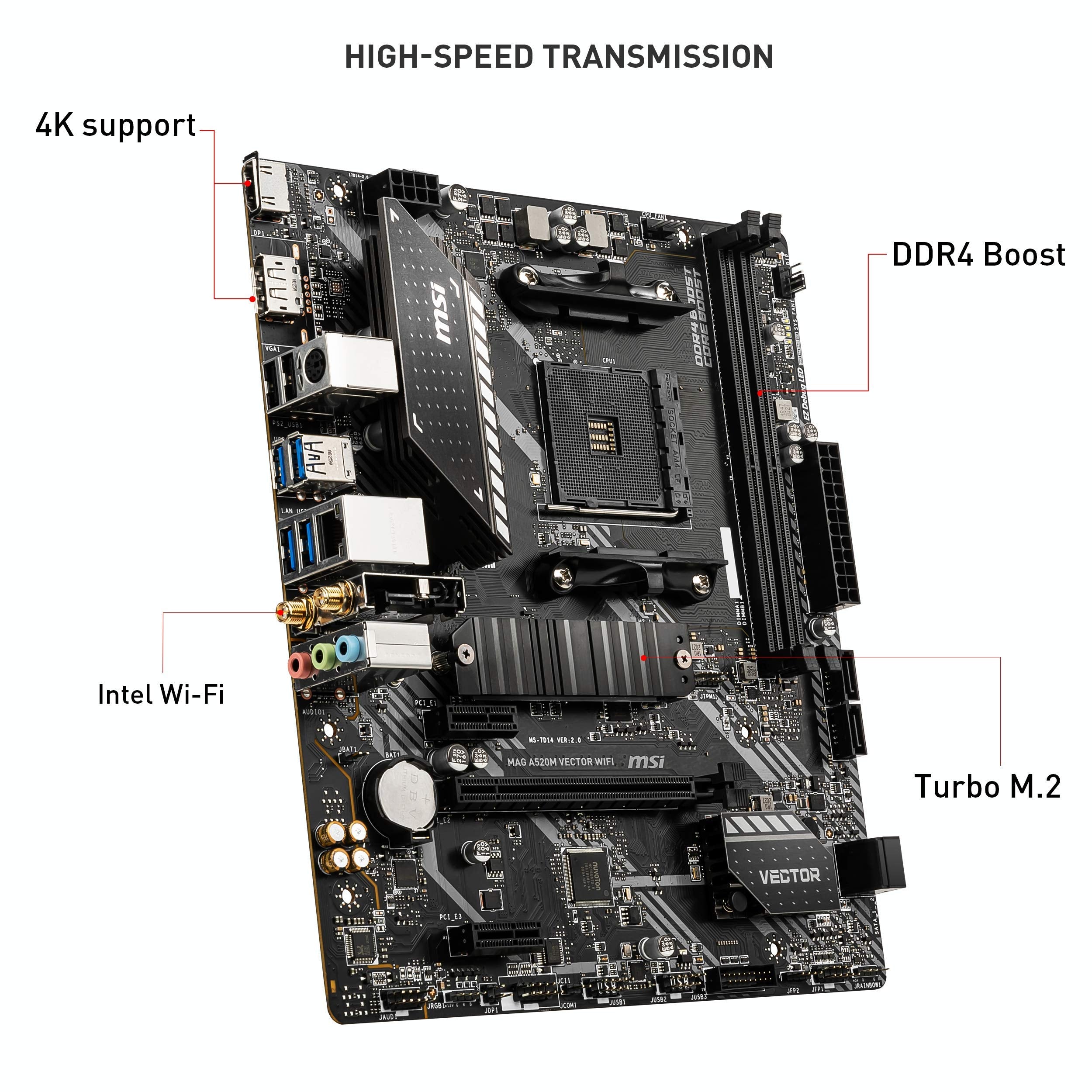 Msi Mag A520M Vector Wifi Gaming Motherboard (Amd Am4, Ddr4, Pcie 3.0, Sata 6Gb/S, 1* M.2, Usb 3.2 Gen 1, Hdmi/Dp, Wifi 5, Micro