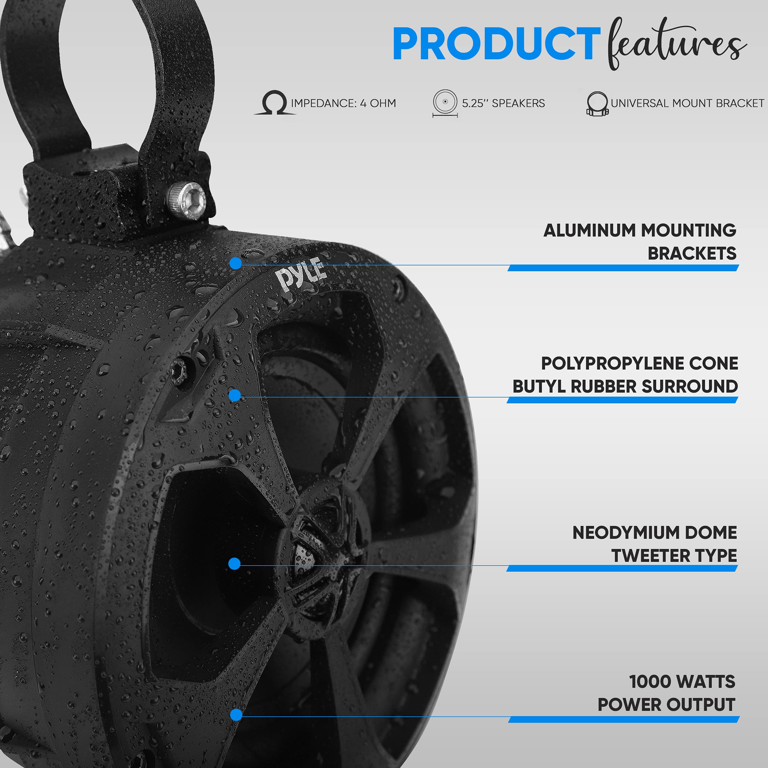 Pyle 2-Way Dual Waterproof Off-Road Speakers - 5.25 Inch 1000W Marine Grade Wake Tower Speakers System, Full Range Outdoor Audio