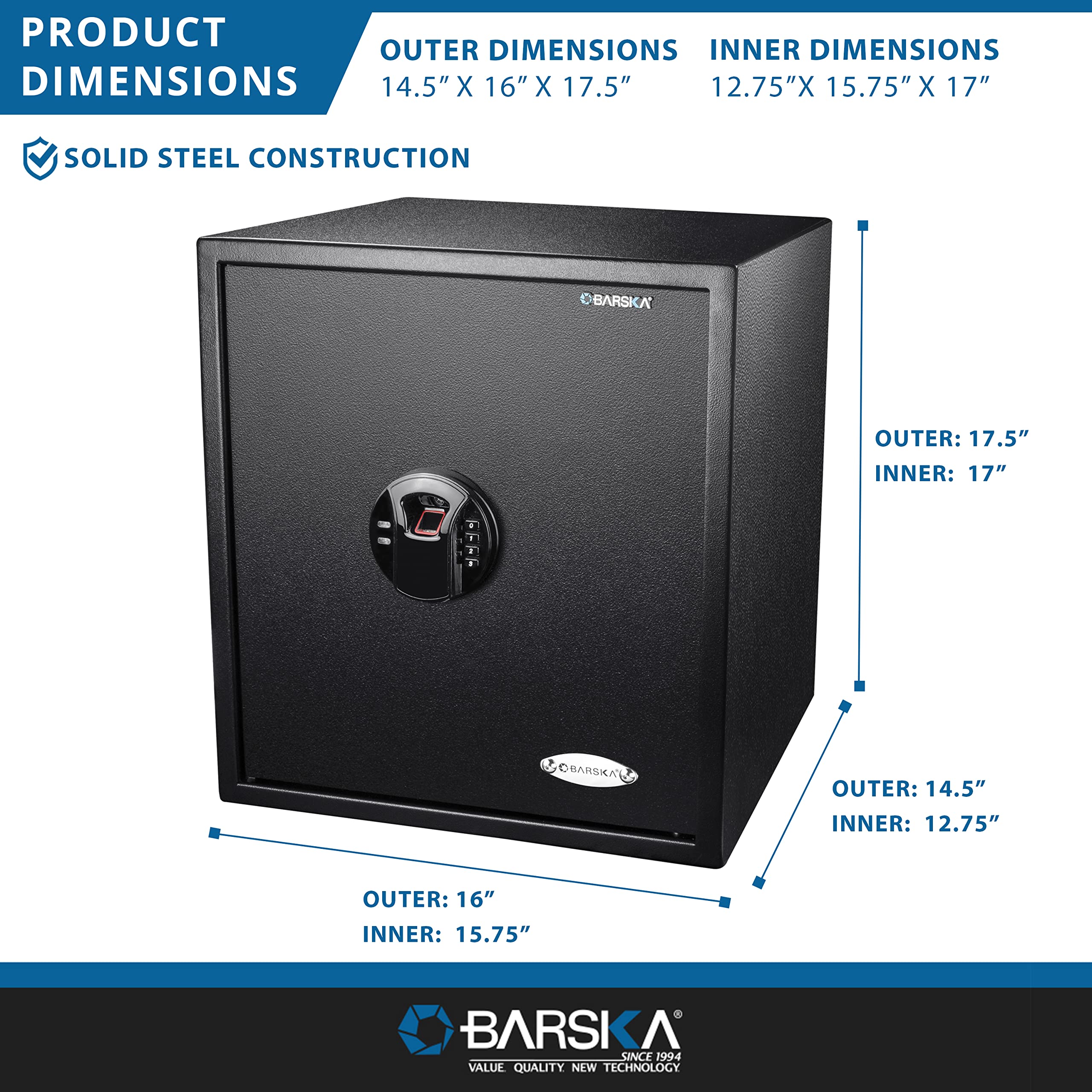 Barska Ax12842 Large Biometric Fingerprint Keypad Security Home Safe 1.94 Cubic Ft , Black