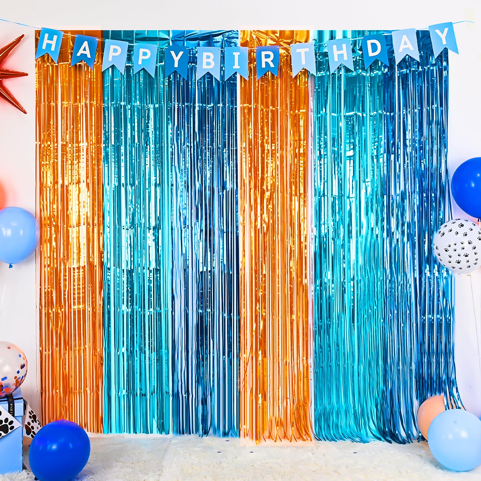 Blue Dog Party Decorations, 2 Packs Of 3.3X6.6 Ft Blue And Orange Foil Fringe Curtains, Blue Orange And Light Blue Tinsel Backdr