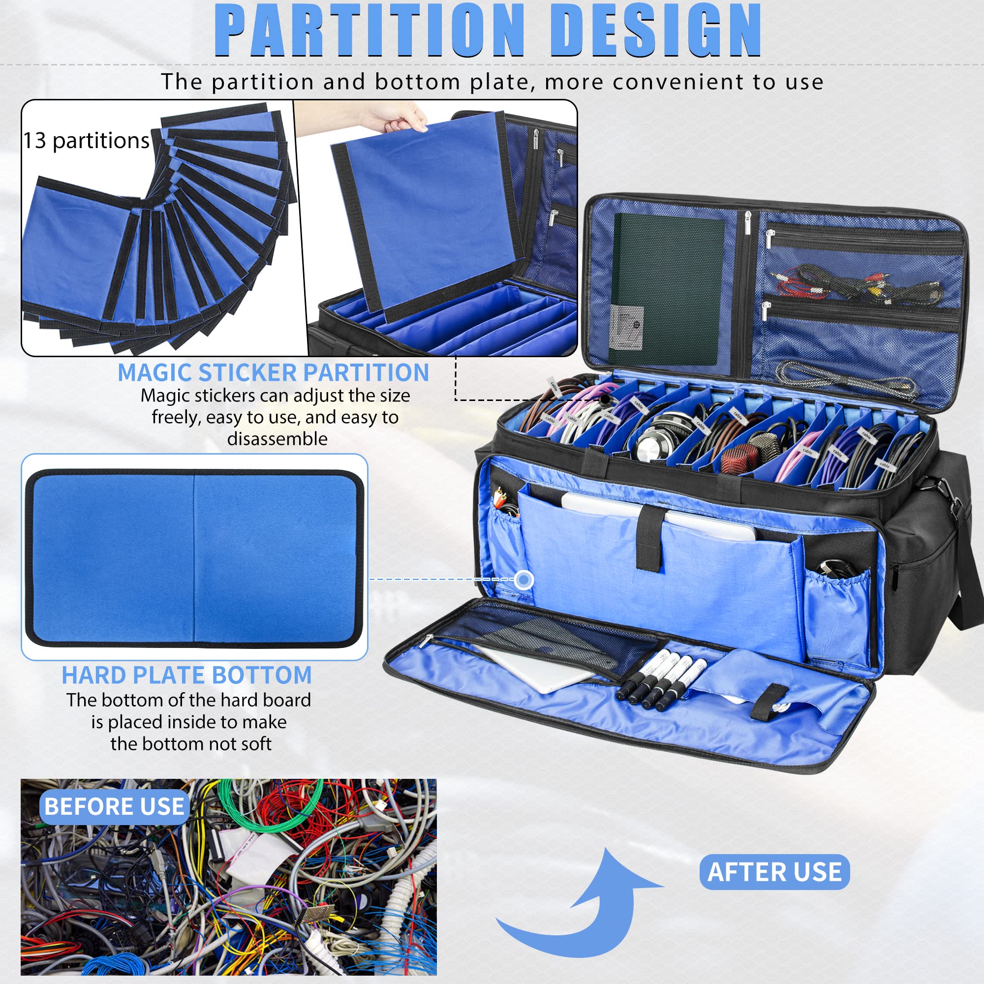 Akozlin Cable File Bag Dj Gig Bag Cord Organizer Case With Detachable Dividers For Laptop,Dj Gear, Sound Instrument Accessories