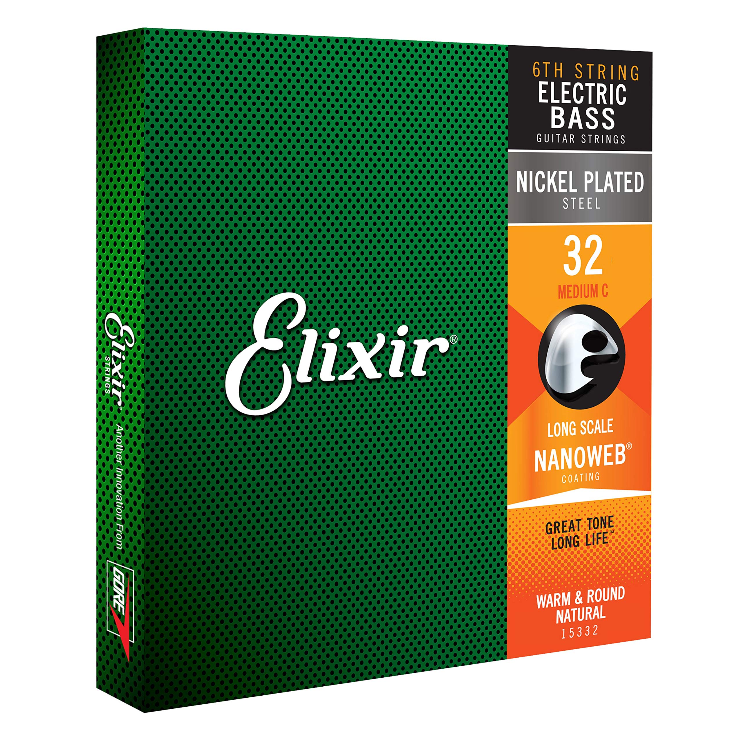 Elixir Strings Nickel Plated Steel With Nanoweb Coating, Custom Bass 6Th String Single, Medium C (.032)