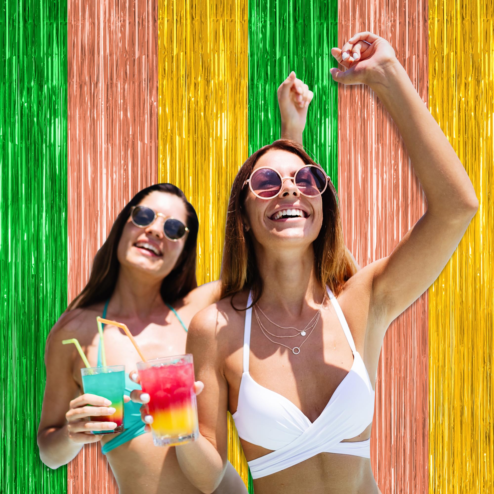 2 Pack Luau Party Supplies, 3.28 Ft X 7.05 Ft Summer Foil Backdrop, Green Brown Yellow Backdrop Tinsel Curtains Streamer Fringe