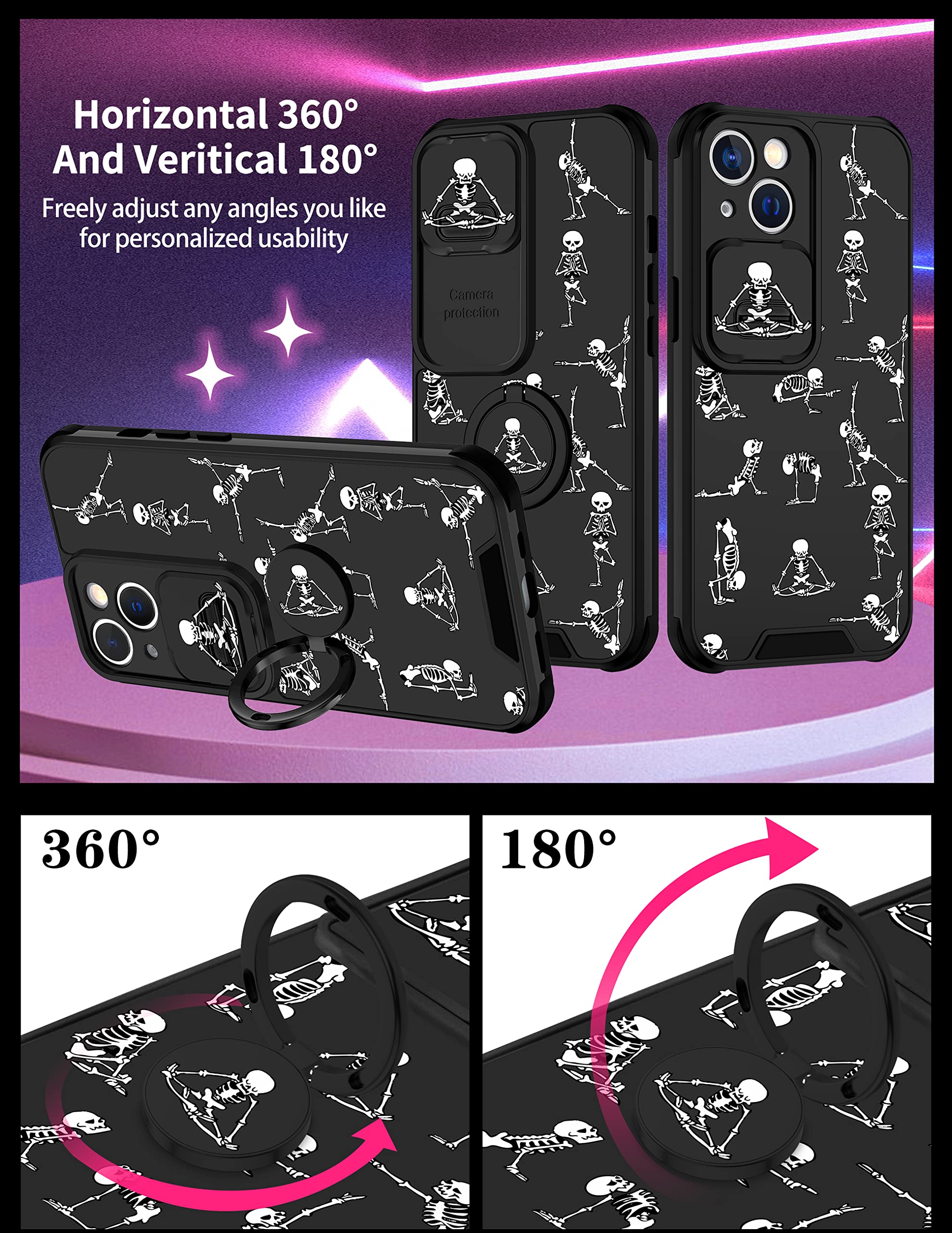 Goocrux (2In1 For Iphone 13 Case Skeleton Yoga Cute Halloween Phone Cover Funny Skull Design With Slide Camera Cover+Ring Black
