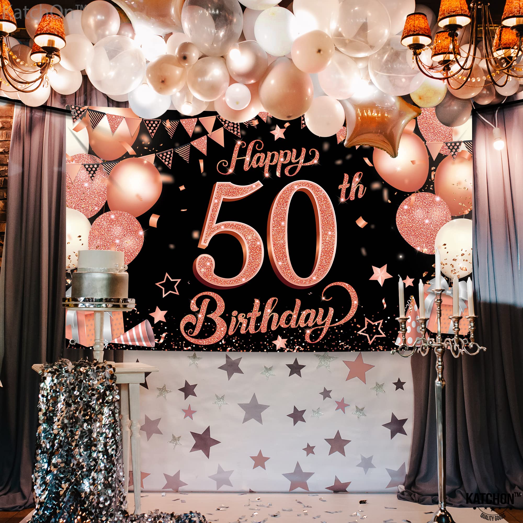 Katchon, Rose Gold 50Th Birthday Banner   Xtralarge, 72X44 Inch | Happy 50Th Birthday Backdrop For Women | Rose Gold Happy 50Th