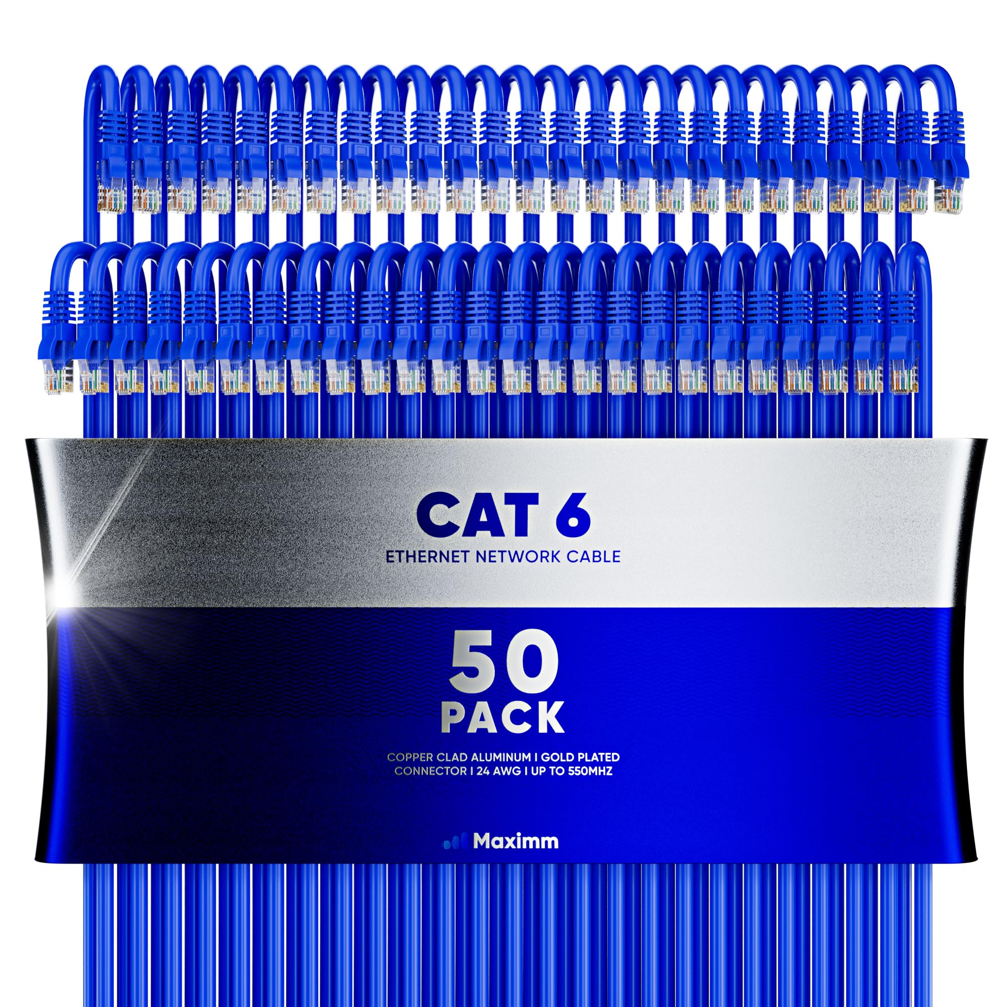 Maximm Cat 6 Ethernet Cable 0.6 Ft (50 Pack)   High Speed Lan Cable, Internet Cable, Patch Cable, And Network Cable   Utp, 10Gbps, 550Mhz Ethernet Cord   Blue
