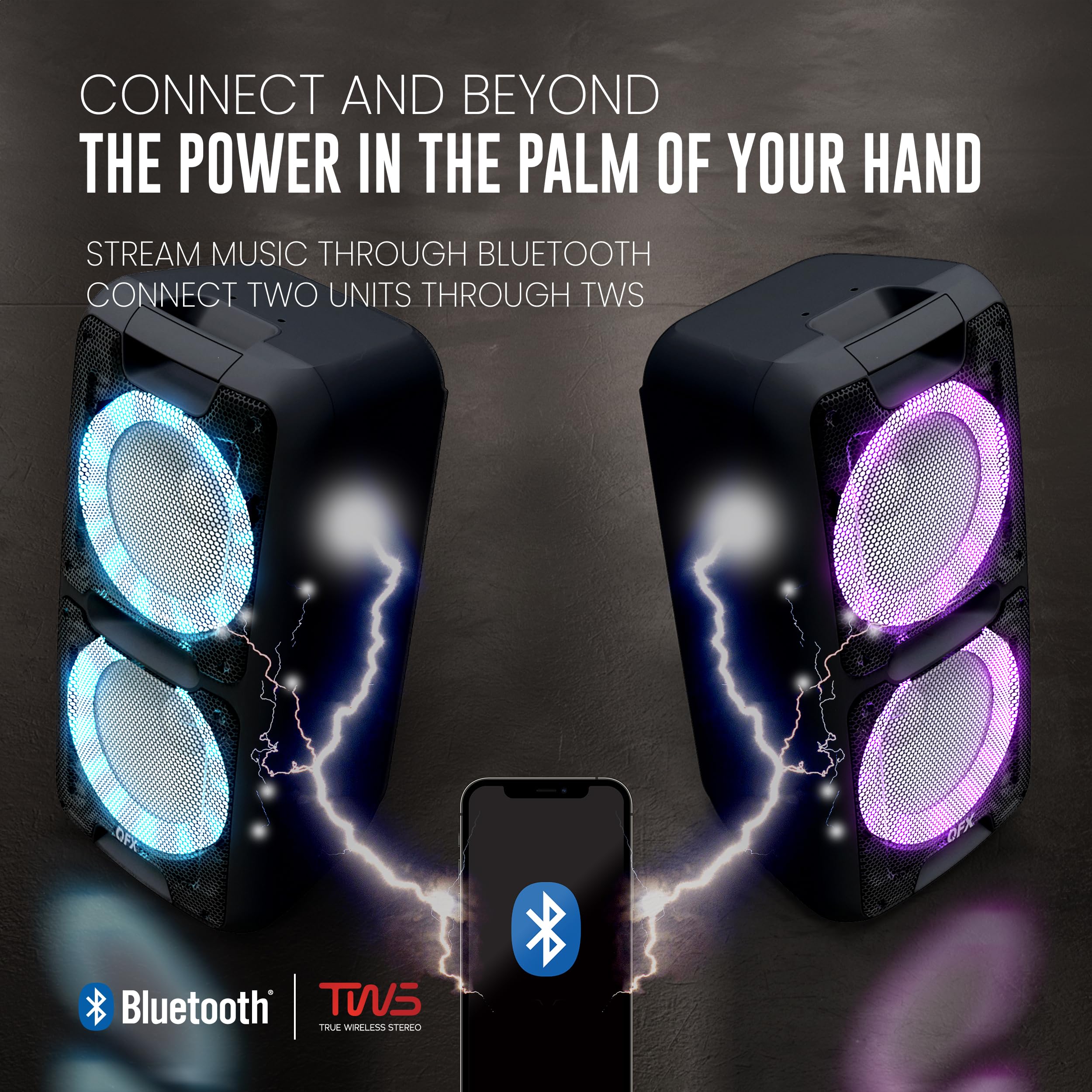 Qfx Pbx-100 Bluetooth Wireless Portable Party Speakers With Dual 10 Woofers - Rechargeable, Led Party Lights, 5-Band Eq, Usb/Tf