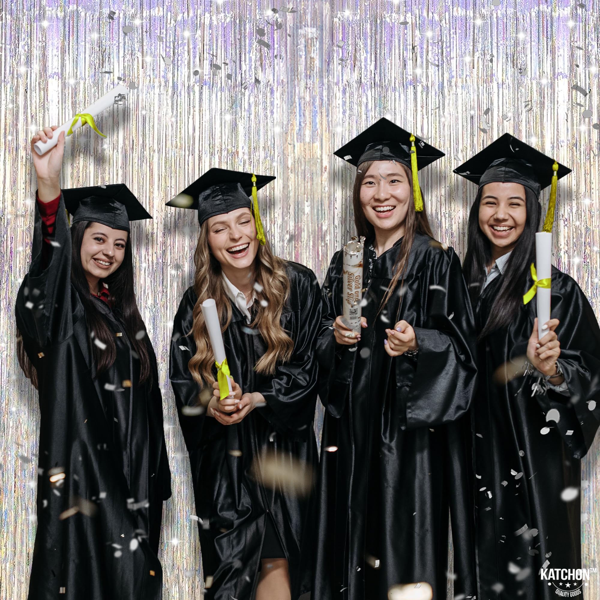 Katchon, Iridescent Silver Backdrop Curtain   Xtralarge, 3.2X8 Feet, Pack Of 2 | Iridescent Silver Fringe Backdrop | Silver Stre