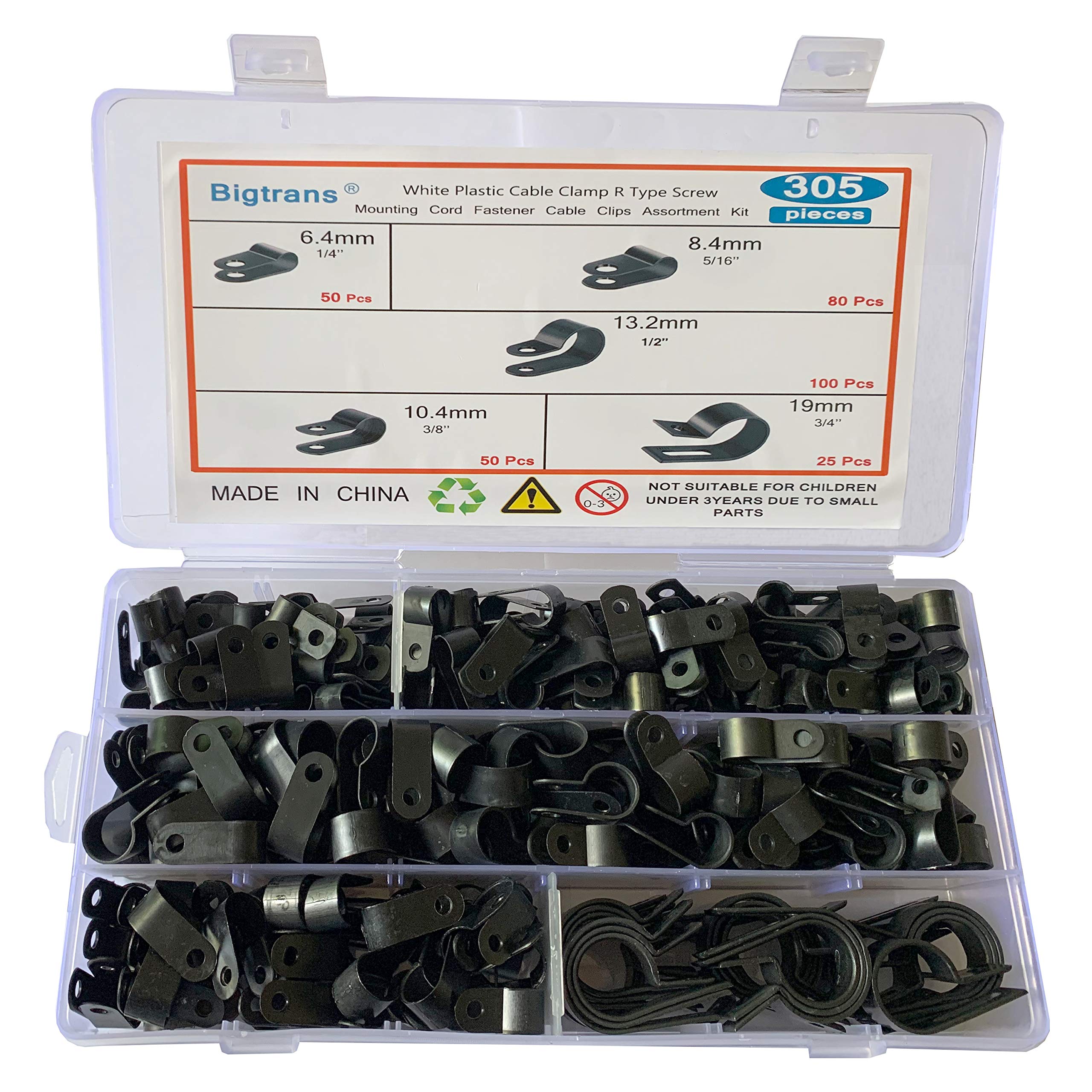 Bigtrans 305 Pcs Nylon Plastic R Type Wire Clips 1/4'' 5/16'' 3/8'' 1/2'' 3/4'' Clamps Fasteners Assortment For Cable Conduit  5