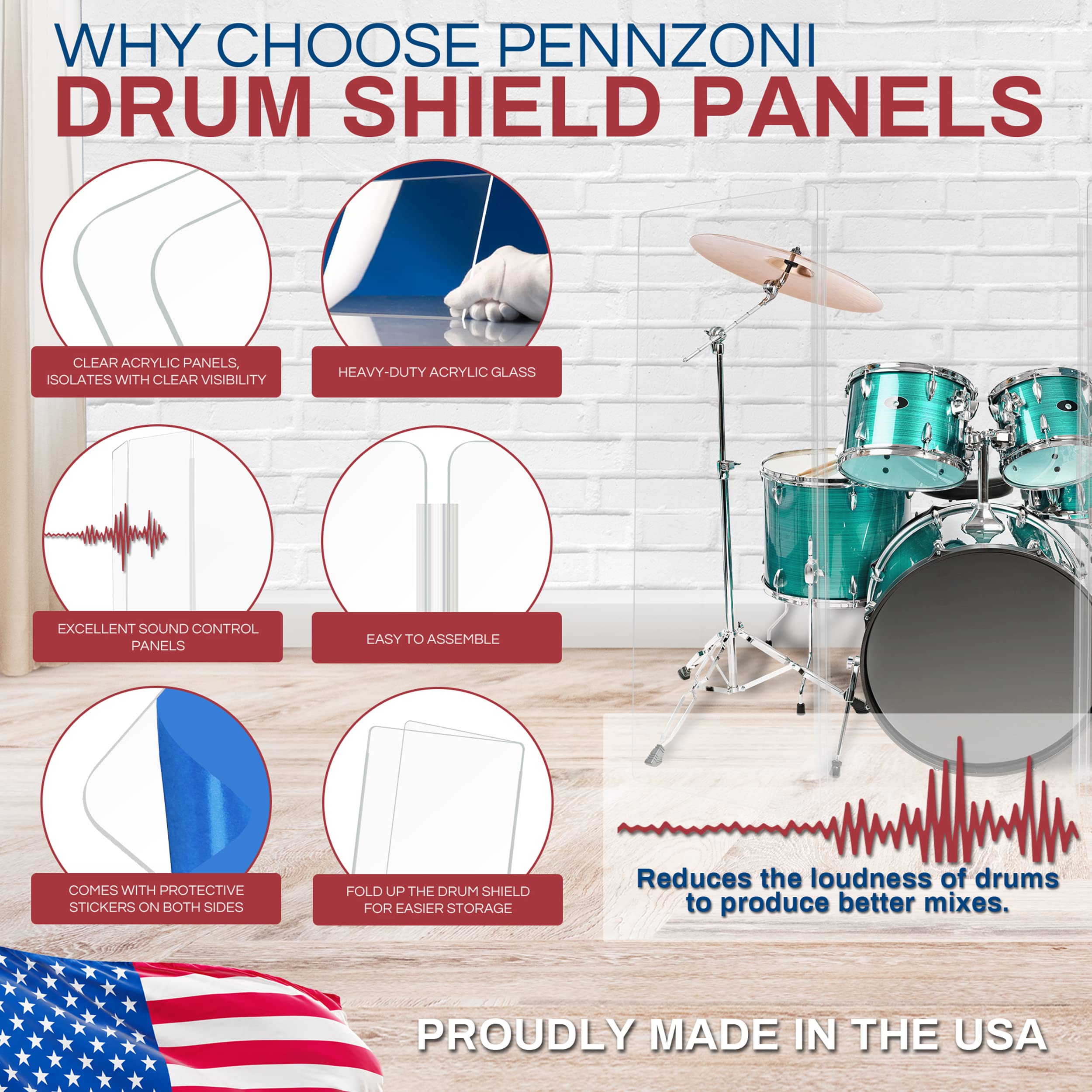 Pennzoni Drum Shield 5Ft W/Plastic Hinges, Comes W/ 3 Drum Panels & Plastic Hinges, Premium Clear Acrylic Panels, Drum Screen