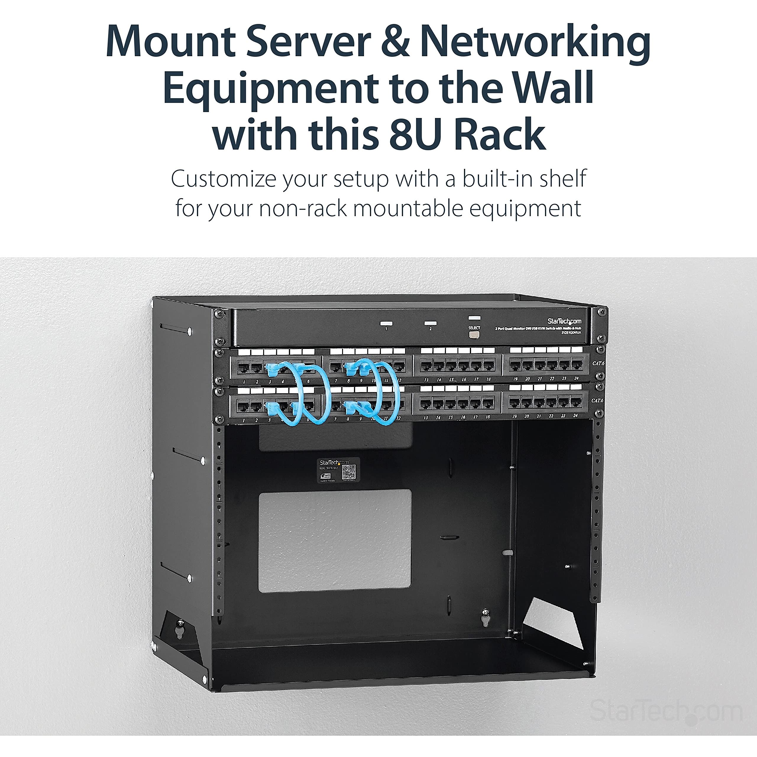 Startech.Com 2 Post 8U Open Frame Wall Mount Network Rack With Built In Shelf, Wall Mount Data Rack With Adjustable Depth For Av