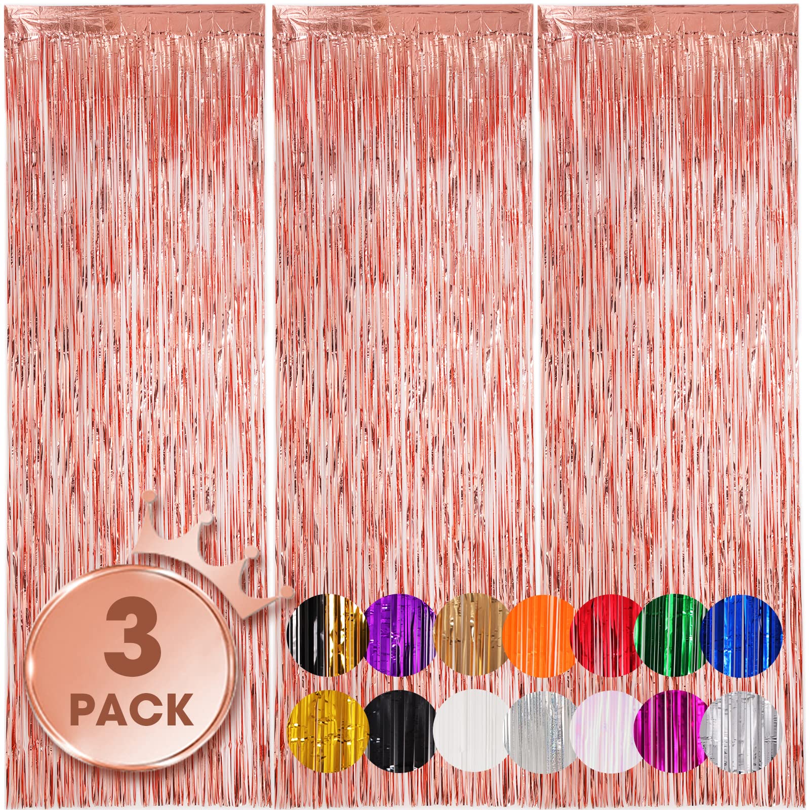 Voircoloria 3 Pack 3.3X8.2 Feet Rose Gold Foil Fringe Backdrop Curtains, Tinsel Streamers Birthday Party Decorations, Fringe Bac