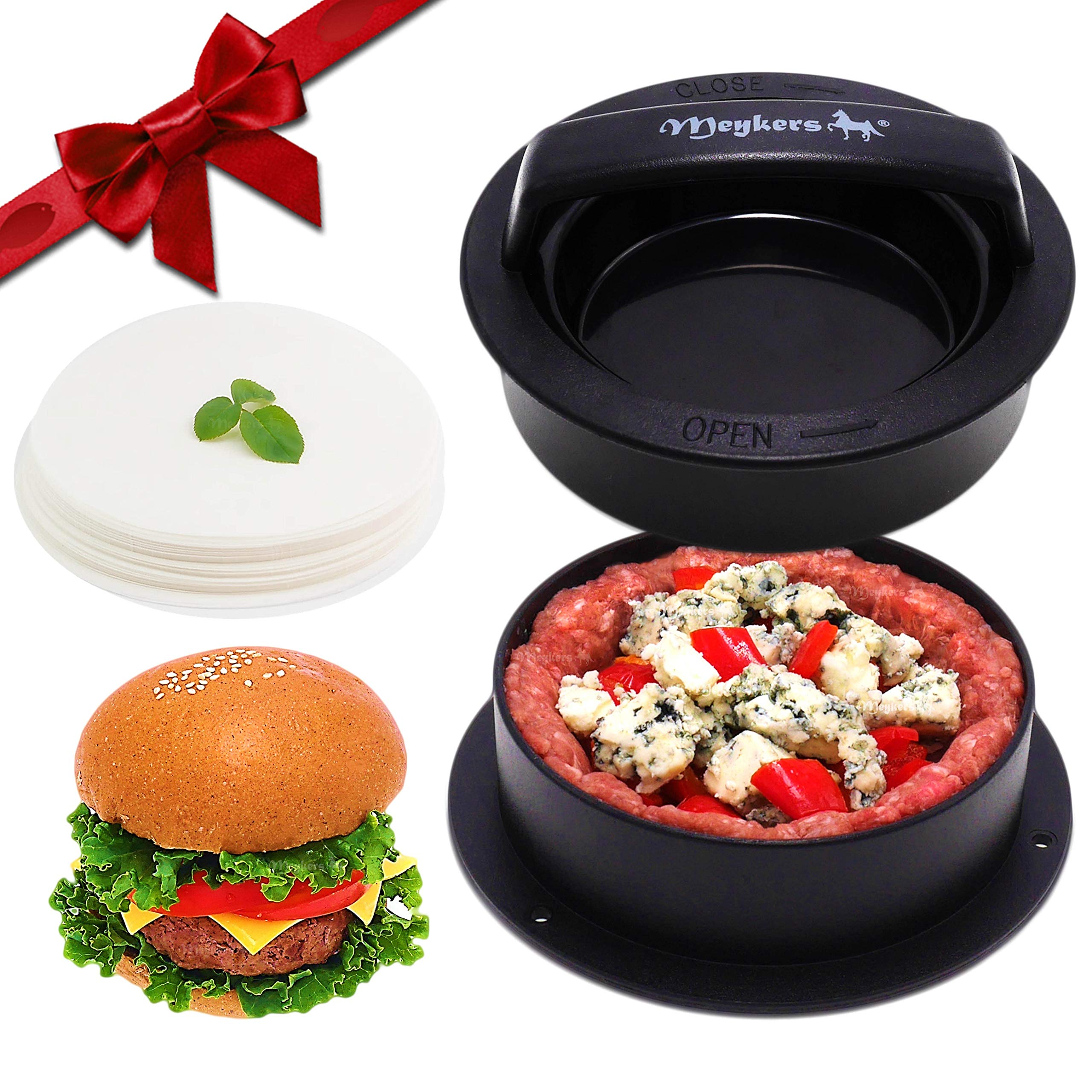 Meykers Burger Press Hamburger Press Patty Maker - with 100 Wax Papers Hamburger Patty Press Burger Mold Non-Stick 3-in-1 for St