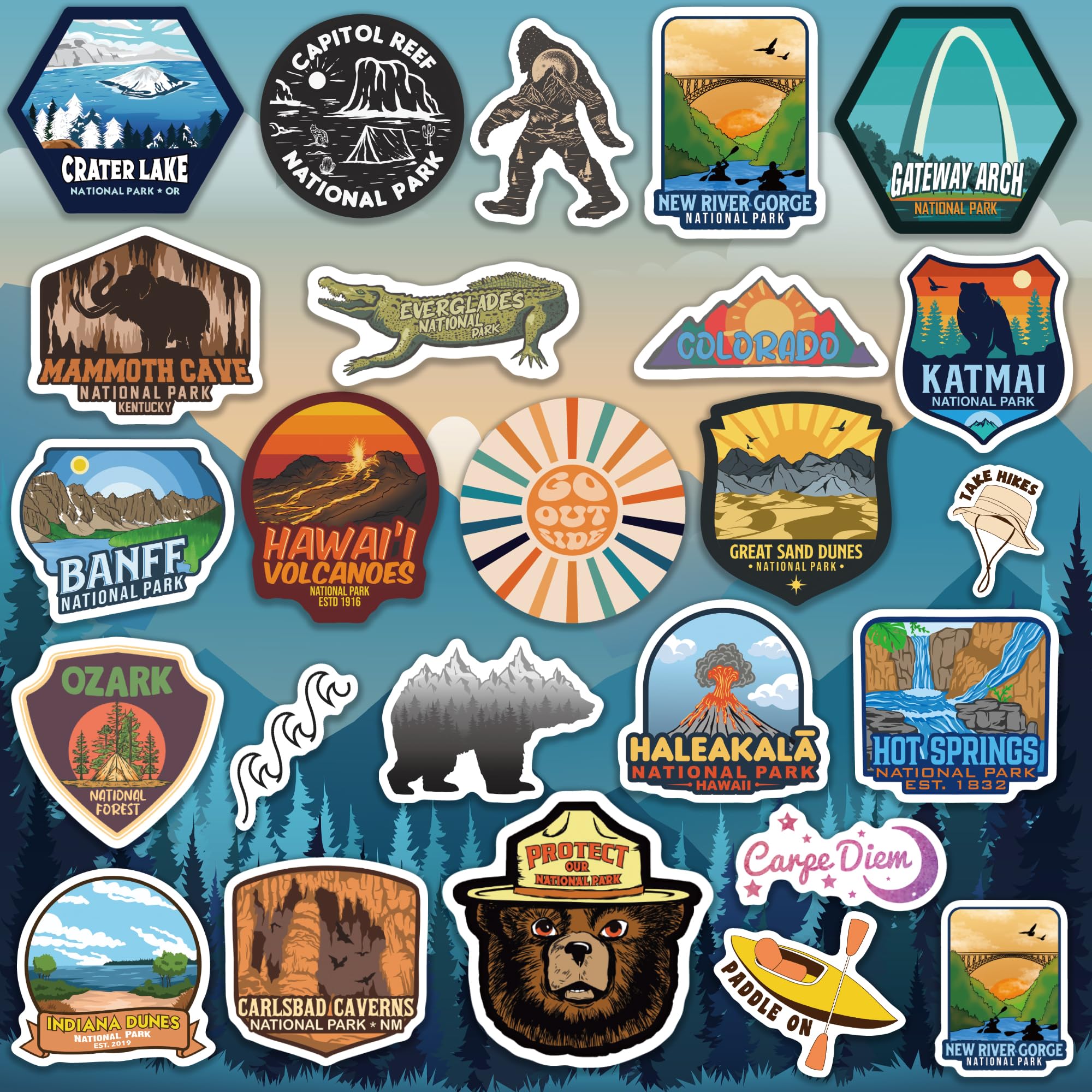 156 Pcs National Parks Sticker Pack, Outdoor Nature Camping Hiking Inspired Waterproof Vinyl Decals For Water Bottles Laptop Car