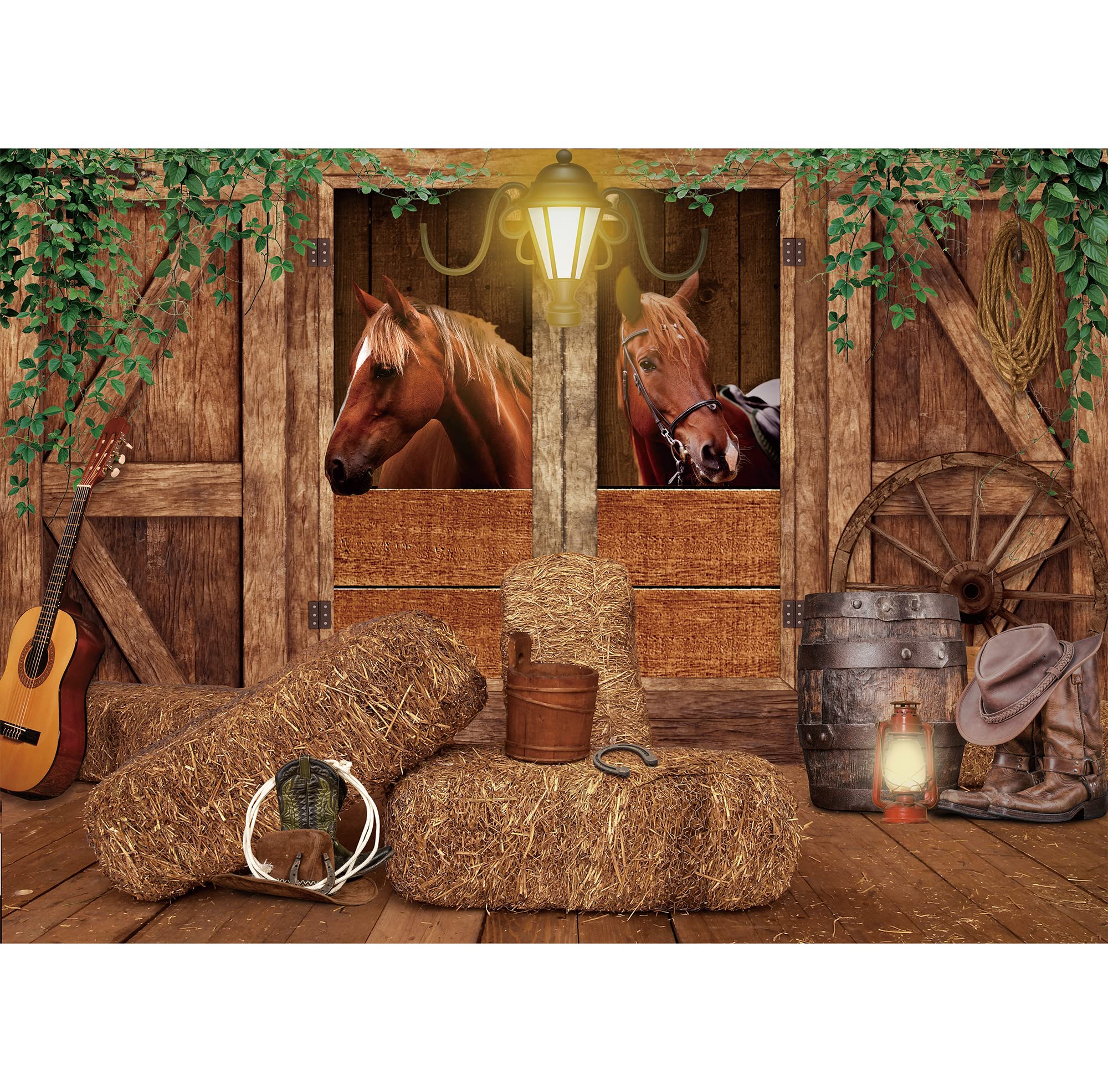 Svbright Western Cowboy Backdrop Stable Backdrop 7Wx5H Garage Door Wild West Horse Brown Barn Door Old Wood Wheels Boy Man Birth