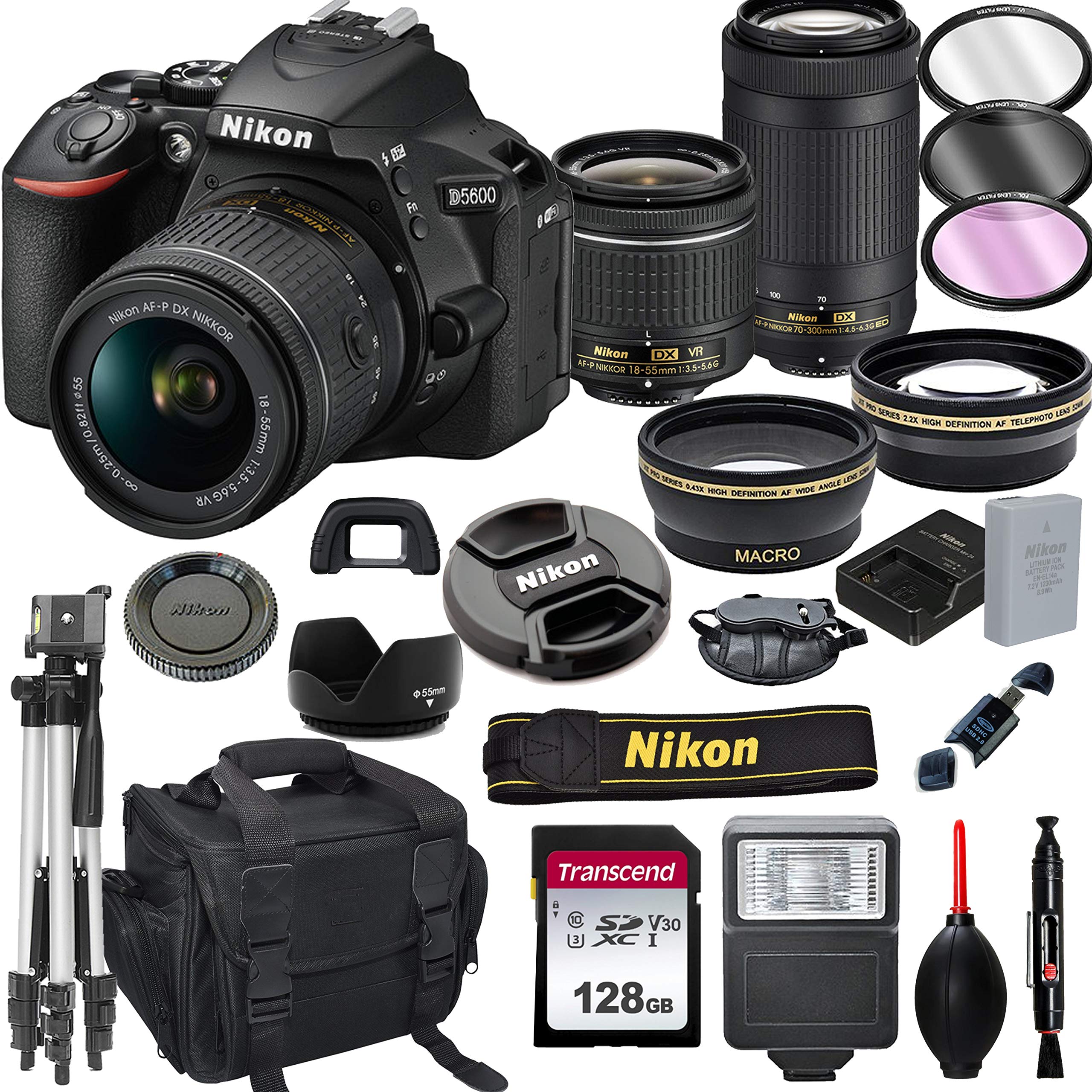 Nikon D5600 Dslr Camera With 18 55Mm Vr And 70 300Mm Lenses + 128Gb Card, Tripod, Flash, And More (20Pc Bundle)