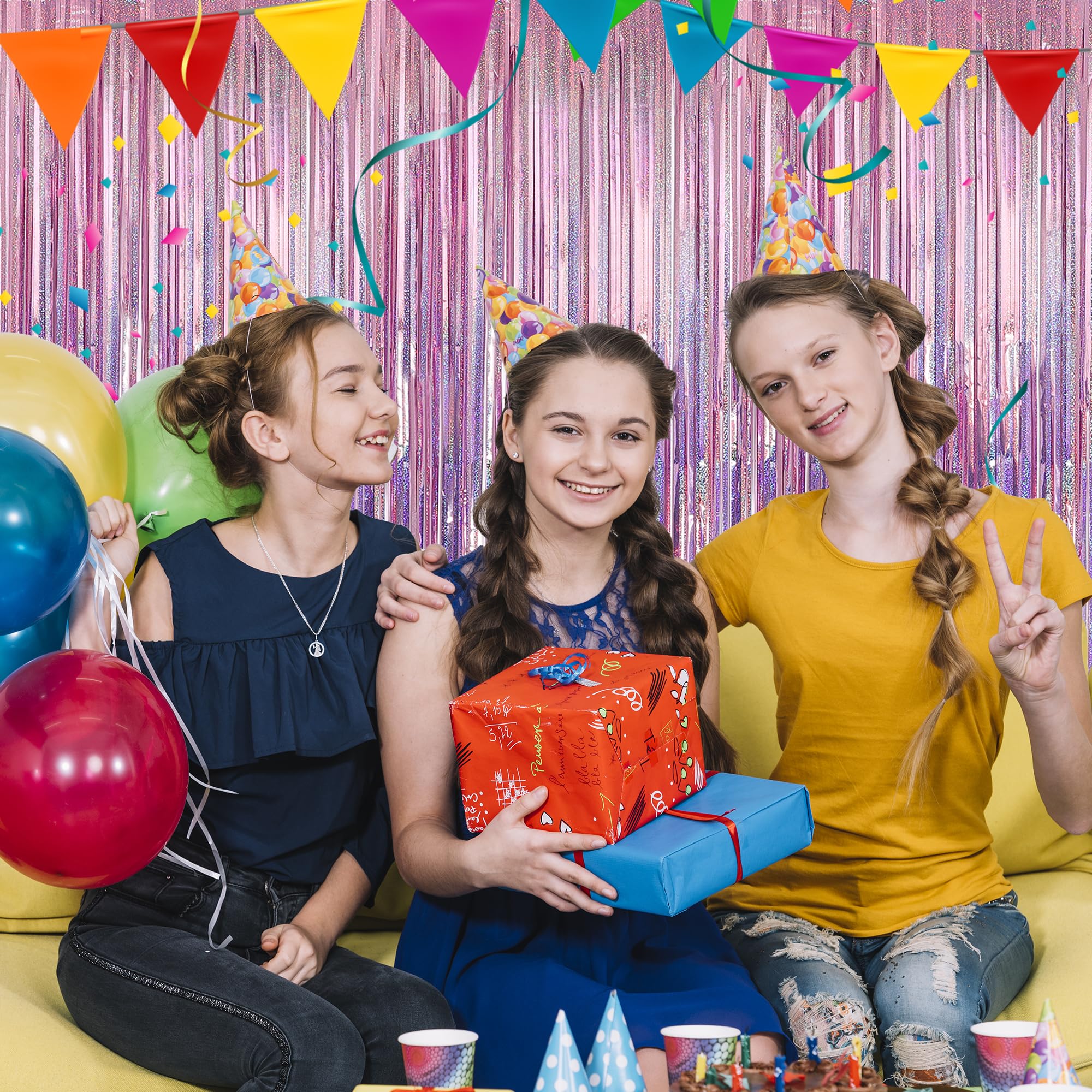 Crosize 3 Pack 3.3 X 9.9 Ft Pink Foil Fringe Backdrop Curtain, Streamer Backdrop Curtains, Streamers Birthday Party Decorations,