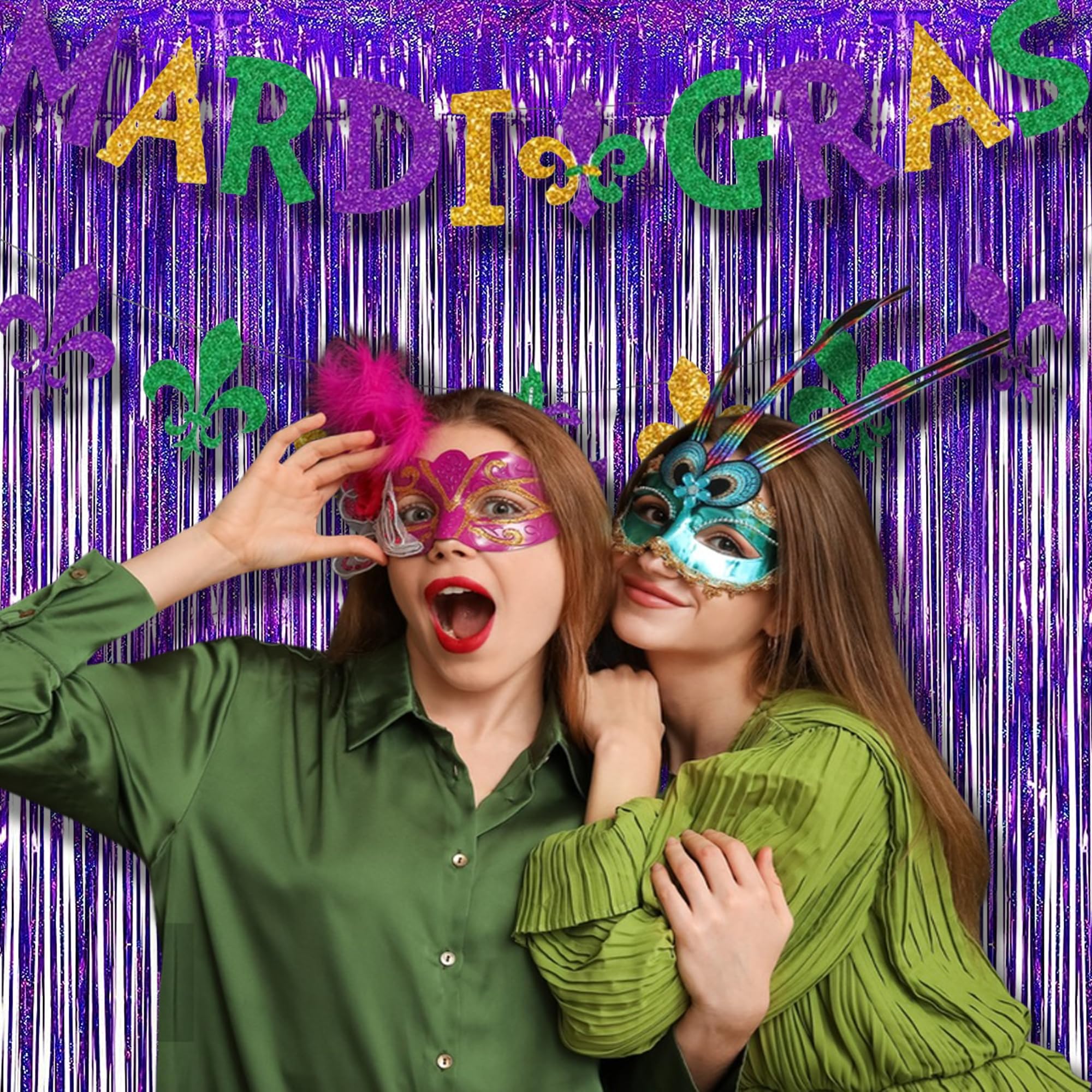 Braveshine Purple Tinsel Foil Fringe Curtains   2Pcs 3.2X8.2Ft Metallic Holidays Photo Backdrop For Birthdays Valentines Bridal