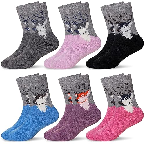 Eocom 6 Pairs Childrens Winter Warm Wool Socks Kids Toddlers Boys Girls Thermal Thick Boot Cozy Crew Socks (4 7 Years, Deer)