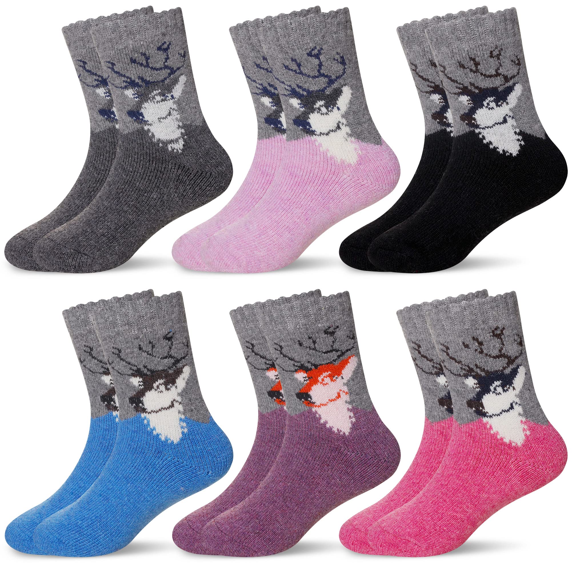 Eocom 6 Pairs Childrens Winter Warm Wool Socks Kids Toddlers Boys Girls Thermal Thick Boot Cozy Crew Socks (4 7 Years, Deer)