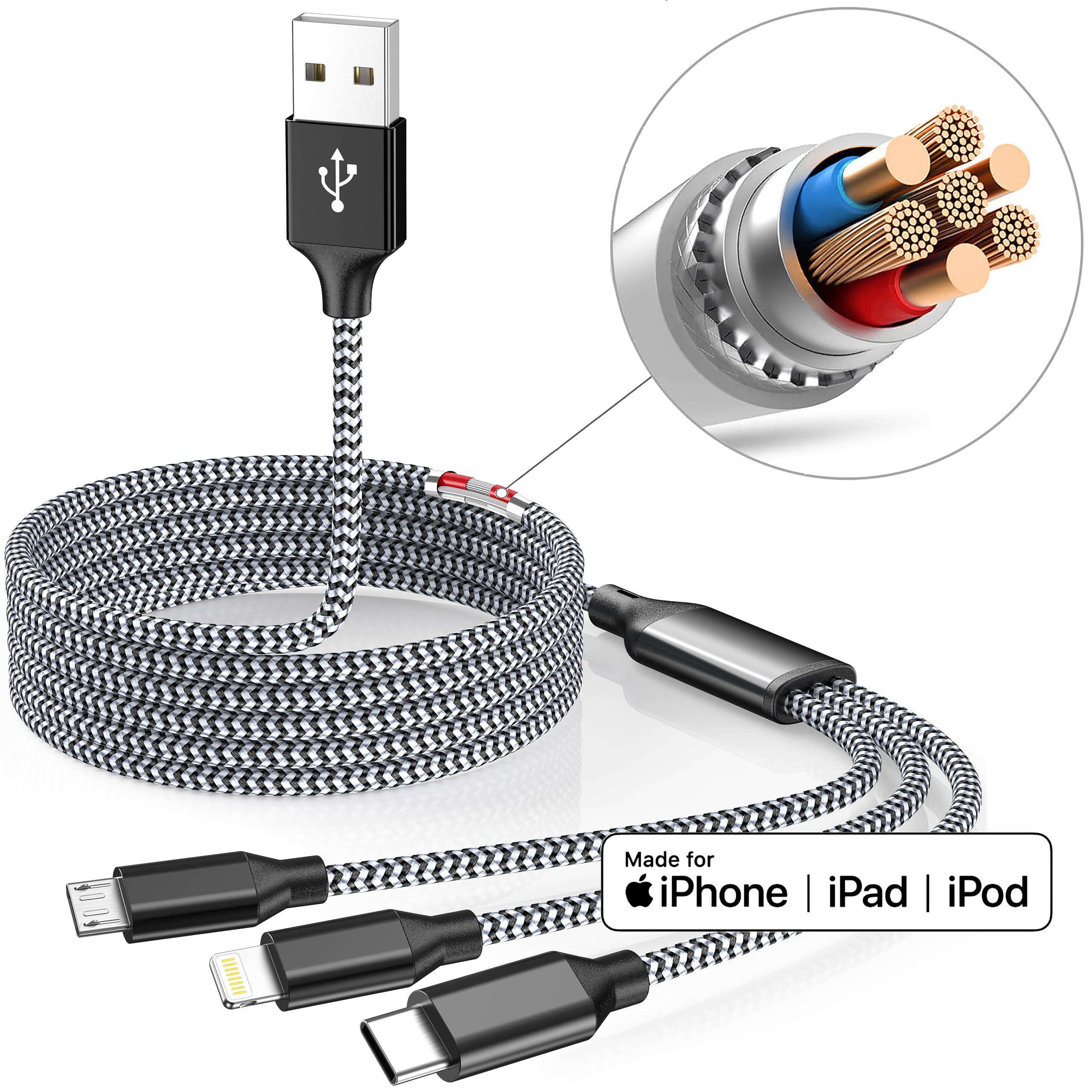 Lightning Cable 3 In 1 Multi Charging Cord 2Pack 4Ft Nylon Braided Multiple Iphone Charger Wire Mfi Certified Universal For Appl