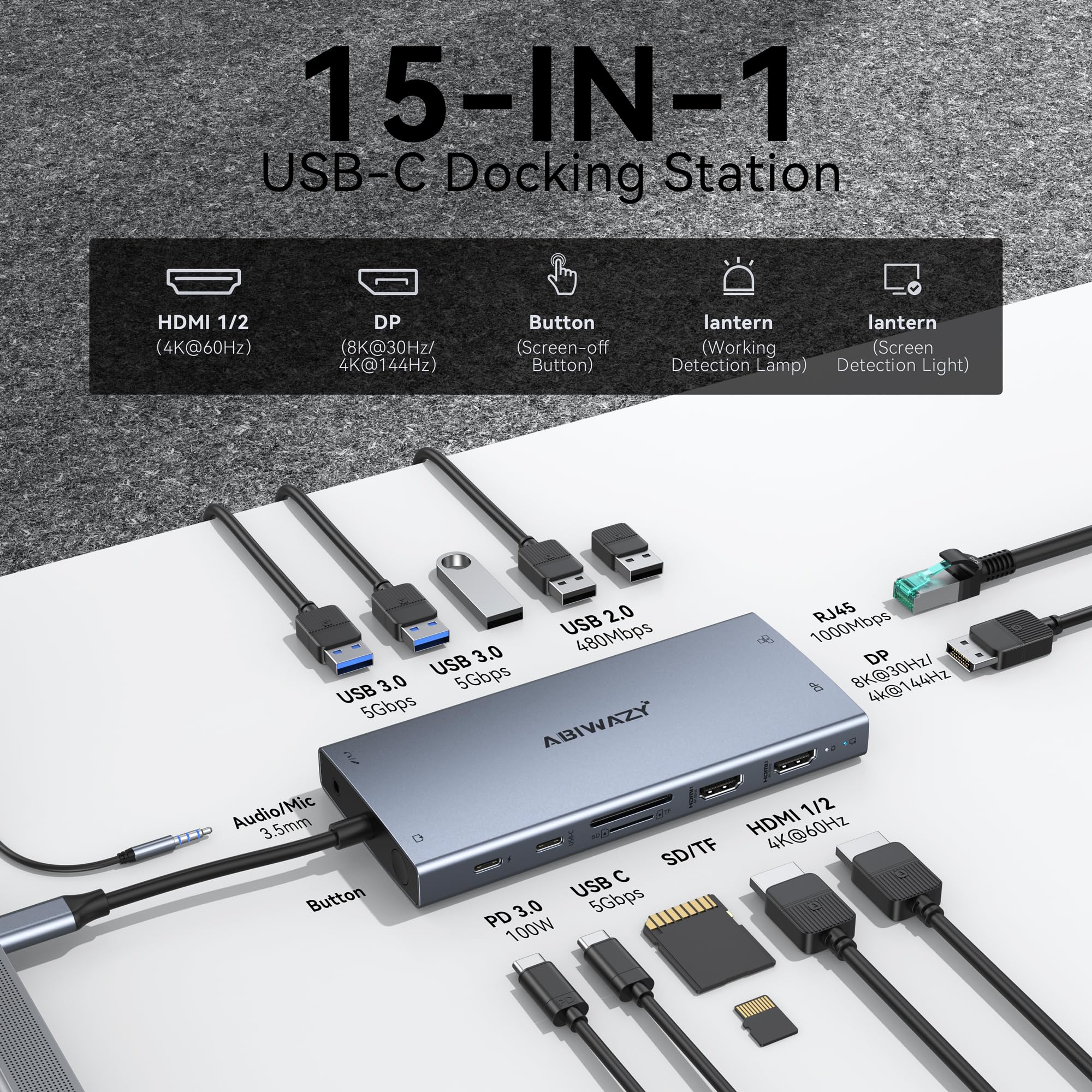 8K Dp Laptop Docking Station Dual Monitor, 15 In 1 Triple Display Usb C Hub Multiport Adapter With 2 Hdmi+8K Displayport+6 Usb C