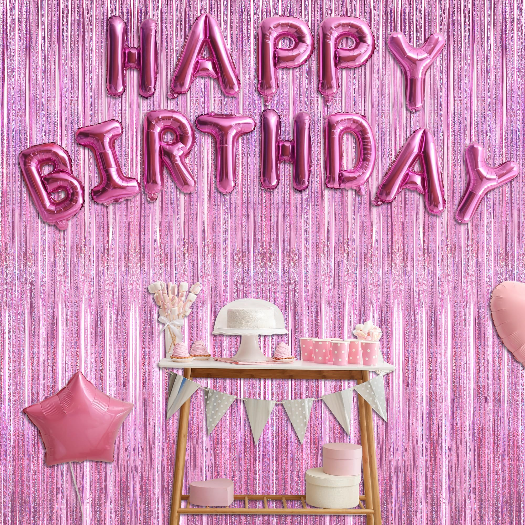 2 Pack Glitter Pink Backdrop, 3.28 Ft X 7.05 Ft Valentines Party Decorations, Laser Pink Fringe Curtains Foil Streamer Tinsel Ba